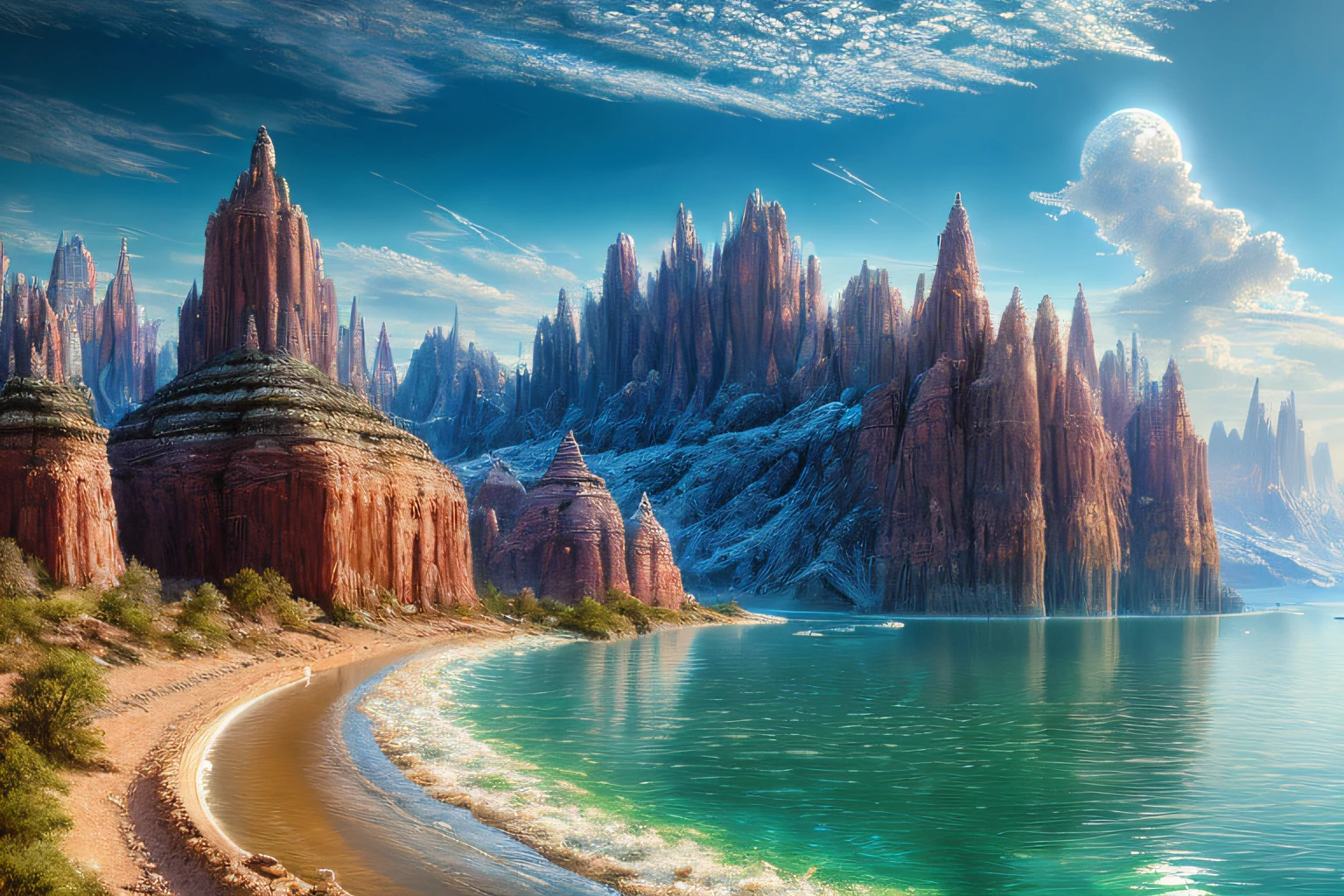 paysage futuriste, Eau, (Highly detailed CG Unit 8k wallpaper), The most beautiful work of art in the world, Professional majestic oil painting, complexe, High detail, mise au point nette, dramatique, Art of photorealist painting,