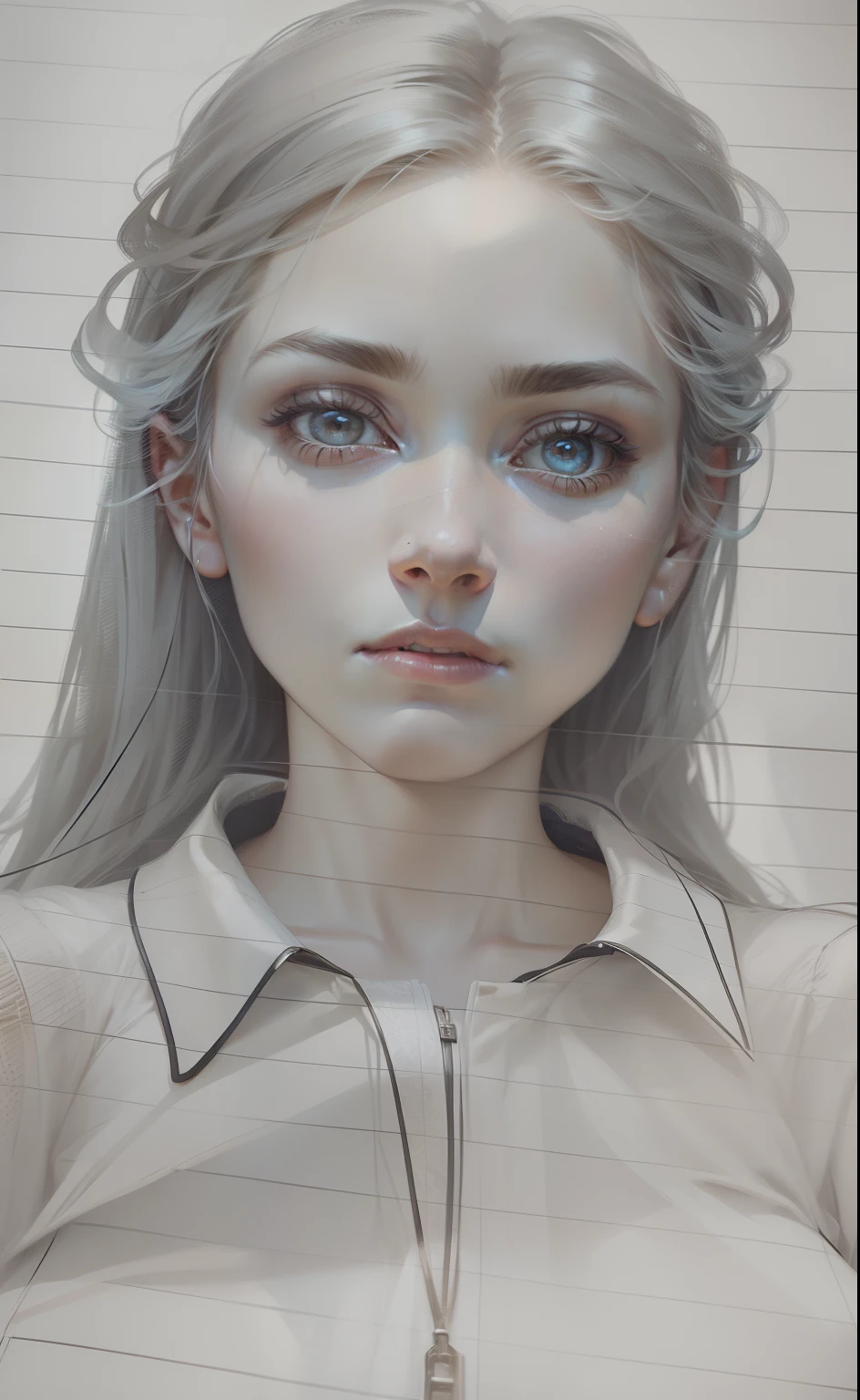 Hyperrealist portrait of female by david hockney and alphonse mucha,fantasy art, photo realistic, dynamic lighting, artstation, poster, volumetric lighting, very detailed faces, 4 k, award winning,, 1girl, in the dark, deep shadow, low key,cowboy shot,(official clothing:1.4) ,long hair,white hair,