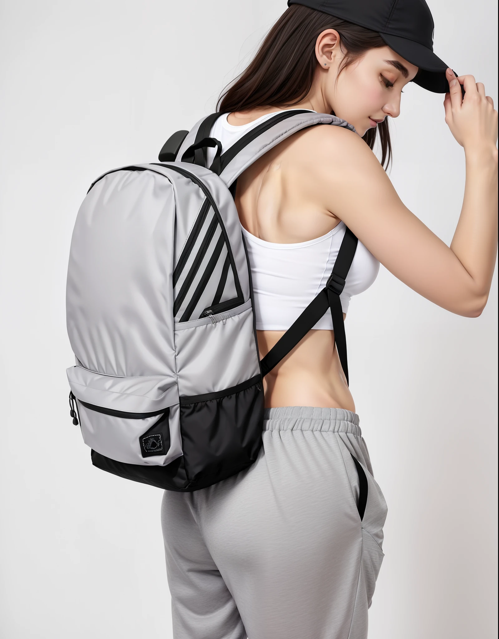 A beautiful woman in a white tank top and gray sweatpants with a backpack, mochila, com uma mochila, uma mochila, mochila escolar, mochila quadrada, um homem usando uma mochila, o homem tem uma mochila, branco e cinza, rear facing, Arte Digital - W 640, Sacos, saco, mochila disco de controle remoto, cinza claro, roupas esportivas fofas