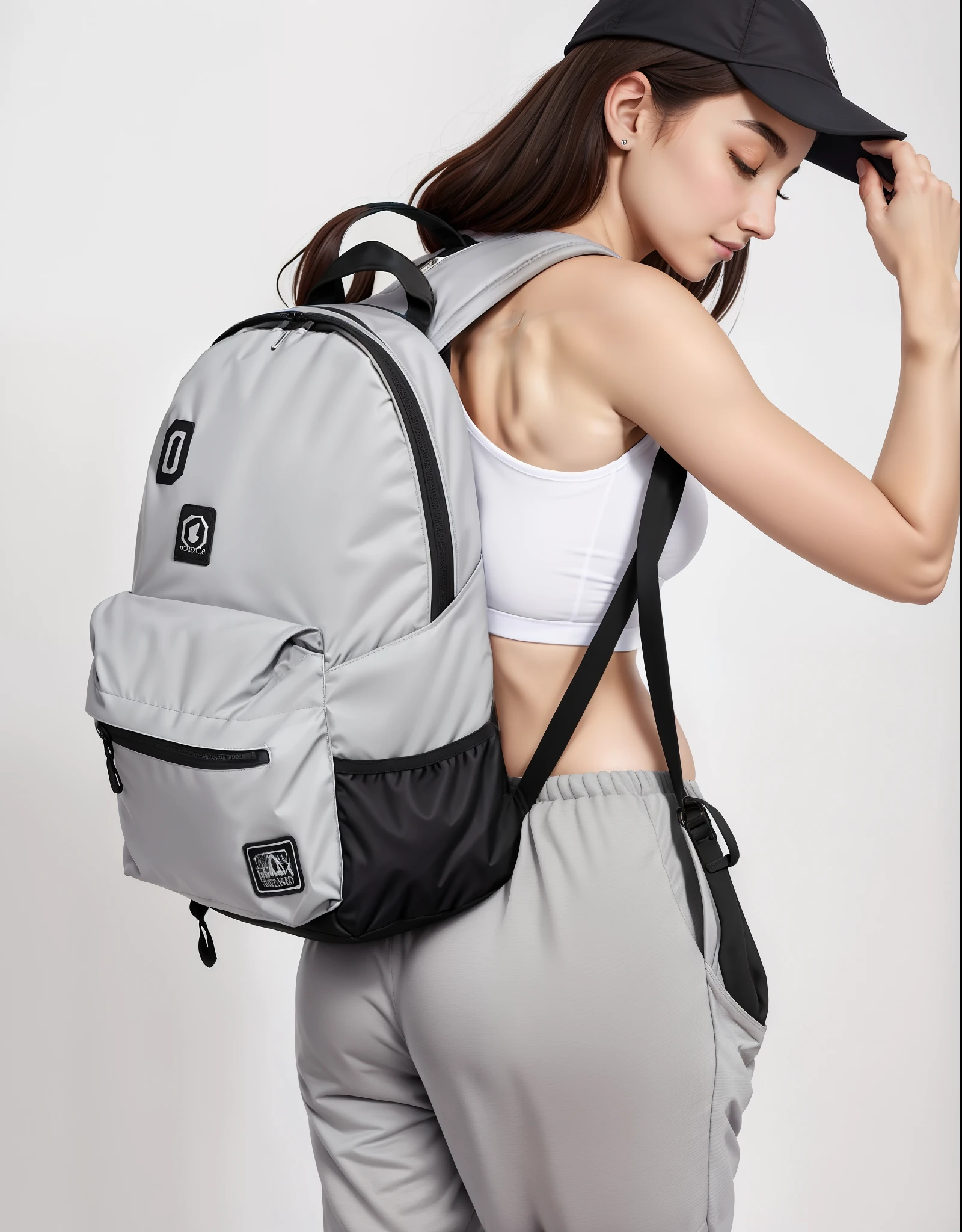 A beautiful woman in a white tank top and gray sweatpants with a backpack, mochila, com uma mochila, uma mochila, mochila escolar, mochila quadrada, um homem usando uma mochila, o homem tem uma mochila, branco e cinza, rear facing, Arte Digital - W 640, Sacos, saco, mochila disco de controle remoto, cinza claro, roupas esportivas fofas