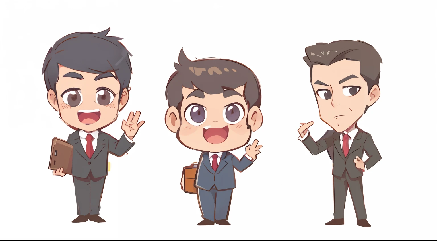 Three cartoon merchants in suits stand and talk, wear suit!, a variety of poses, Professional character design, wear suit, High-quality fanart, high quality character design, ace attorney style, corporate animation style, charact, character design, wear suit, Suits, cartoonish style, male character design, several character designs, merchant, wearing a suit and a tie