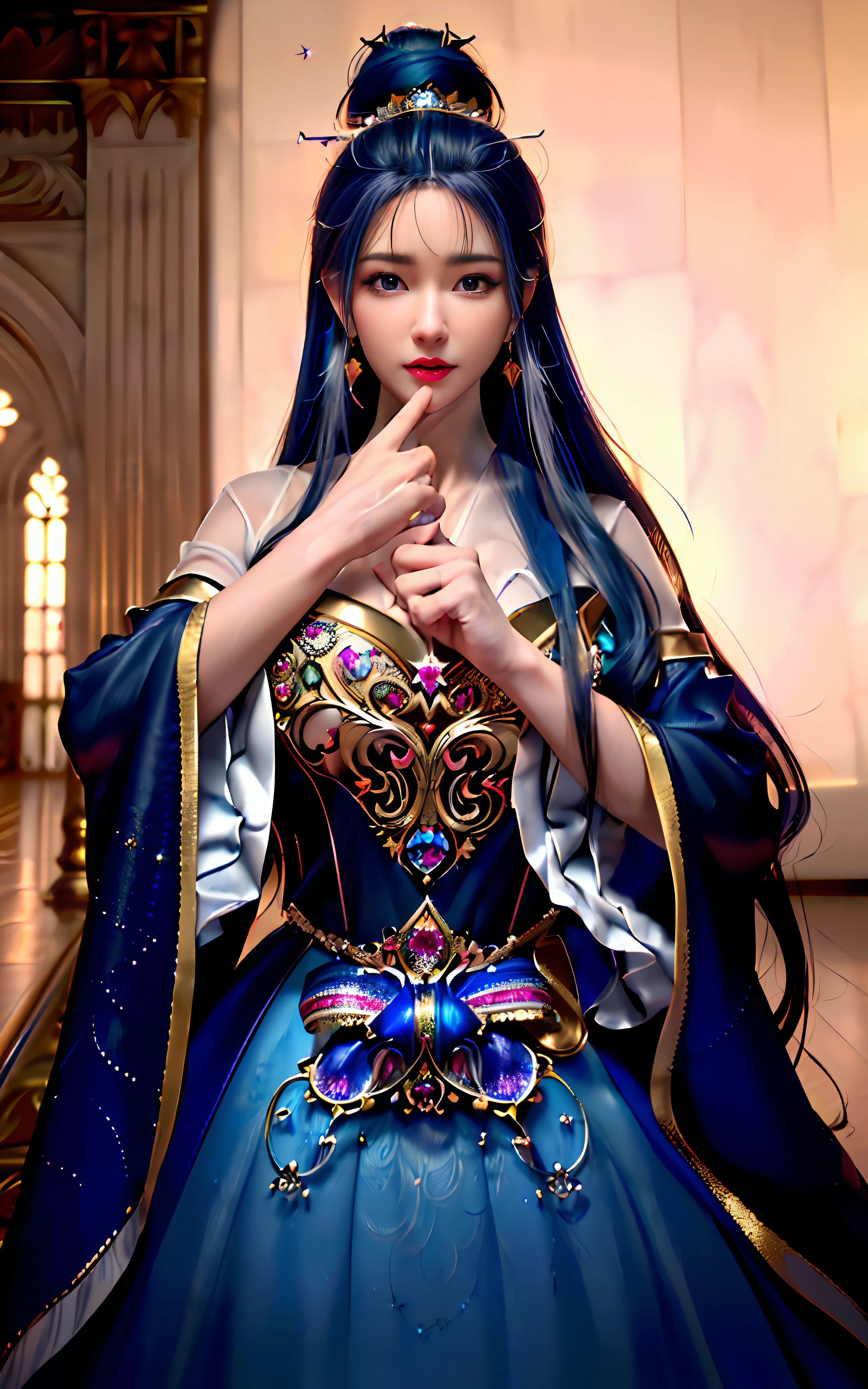 ((realisticity: 1.2)), ((realistic: 8K UHD)), ((best resolution: 8K UHD)), hyper detailed, best quality,masterpiece,highres,cg, ((1 girl hyper detailed and hyper realistic) ) , ((beautiful queen, hyper realistic and hyper detailed)),((white skin, beautiful, smooth, youthful, hyper realistic and hyper detailed )), ((Face hyper beautiful, white, hyper realistic and hyper detailed ) ), long hair, ((hyper realistic and hyper detailed dress)), solo, ((hyper realistic, hyper beautiful, beautiful and hyper detailed jewelry)), ((hyper beautiful deep red and golden yellow dress, hyper realistic and hyper detailed )) , ((Her pretty, hyper realistic, hyper detailed diamond filled earrings)), ((Her gorgeous diamond haircut, hyper realistic and hyper detailed)), ((hyper pretty upper body, hyper beautiful, hyper realistic and hyper detailed) ), ((medium breast: 1.1)), ((hyper realistic, hyper pretty, hyper detailed boobs)), ((the backgroun of the royal palace is hyper majestic, hyper realistic and hyper detailed)),((hands and palms hyper beautiful, hyper detailed, hyper realistic)), ((hyper detailed and hyper realistic fingers and fingernails)), ((hyper pretty fingernails, hyper vivid, hyper detailed, hyper realistic)), ((thumb, index finger, middle finger, ring finger, little finger hyper vivid, hyper pretty, hyper detailed, hyper realistic)),
((hyper beautiful fingers, hyper detailed, and hyper realistic)), ((posture not too fat and not too thin, hyper realistic, hyper detail)), ((hyper pretty, hyper pretty, hyper realistic and hyper detailed hair bun)), ((hyper pretty , hyper realistic and hyper detailed blue hair)), candid, Photo, high resolution, 8k , bokeh,