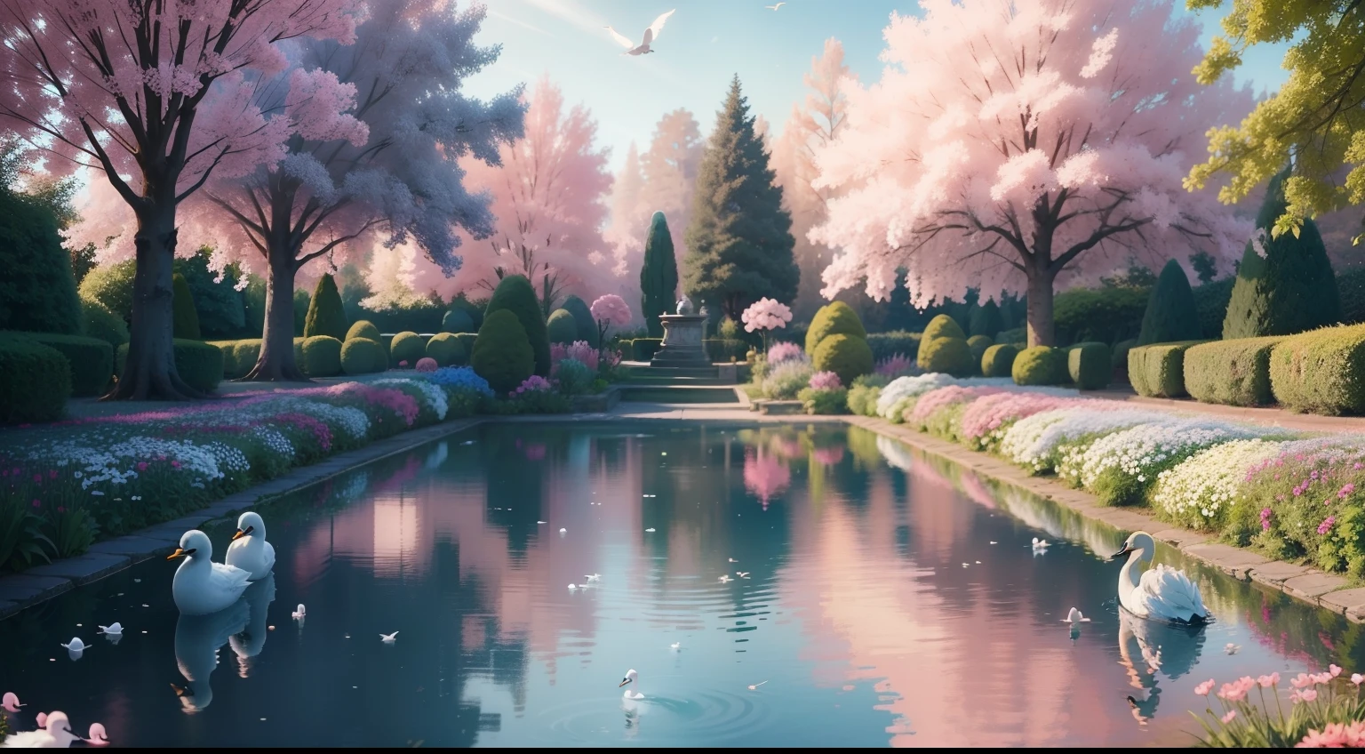 Beautiful garden with colorful encrusted flowers predominates the pink 8k exotic flowers perfect forest sunlight predominant blue lake with ducks and white swans swimming very beautiful perfect amazing peace calm joy