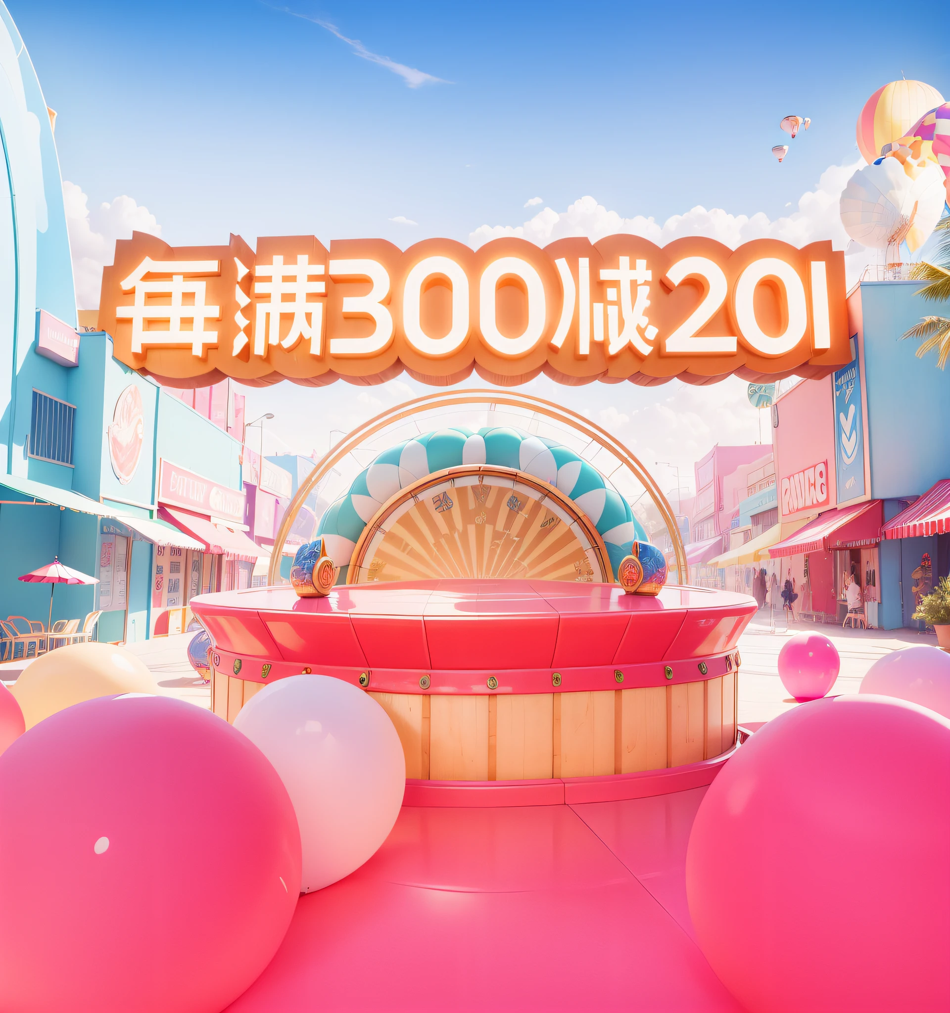 Paradise world/Carnival City,3Drenderingof,Dopamine Mood Paradise,Summer carnival style,Lovely and sophisticated building,shop,Premium texture,high-class details,Studio lights,Stand up the card,hot air balloon