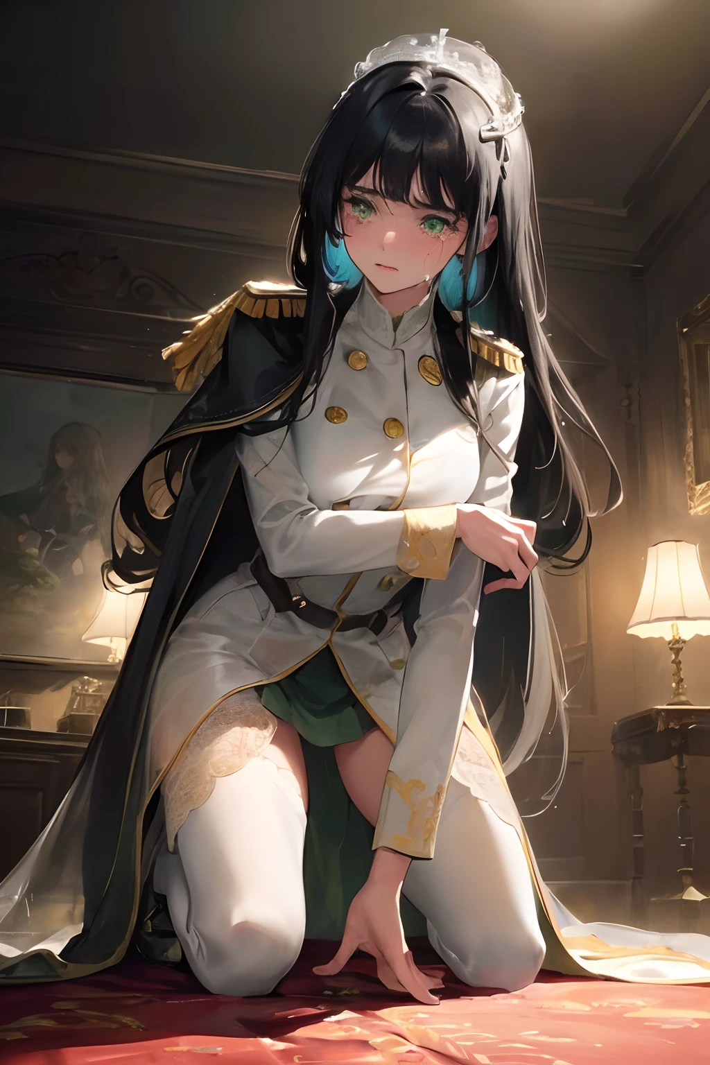 (Masterpiece:1.2), best quality, (illustration:1.2), (ultra-detailed), hyper details, (delicate detailed), (intricate details), (cinematic light, best quality Backlights), clear line, from below, soloist, perfect body, (1girl), black hair and green eyes, (military general, black see-through uniform), (crown: 1.1), kneeling, eyes slightly closed, head down, (sad: 2.0 ), (running mascara), high contrast, crying, tears (best illumination, an extremely create and beautiful), (cinematic light), colorful, POV