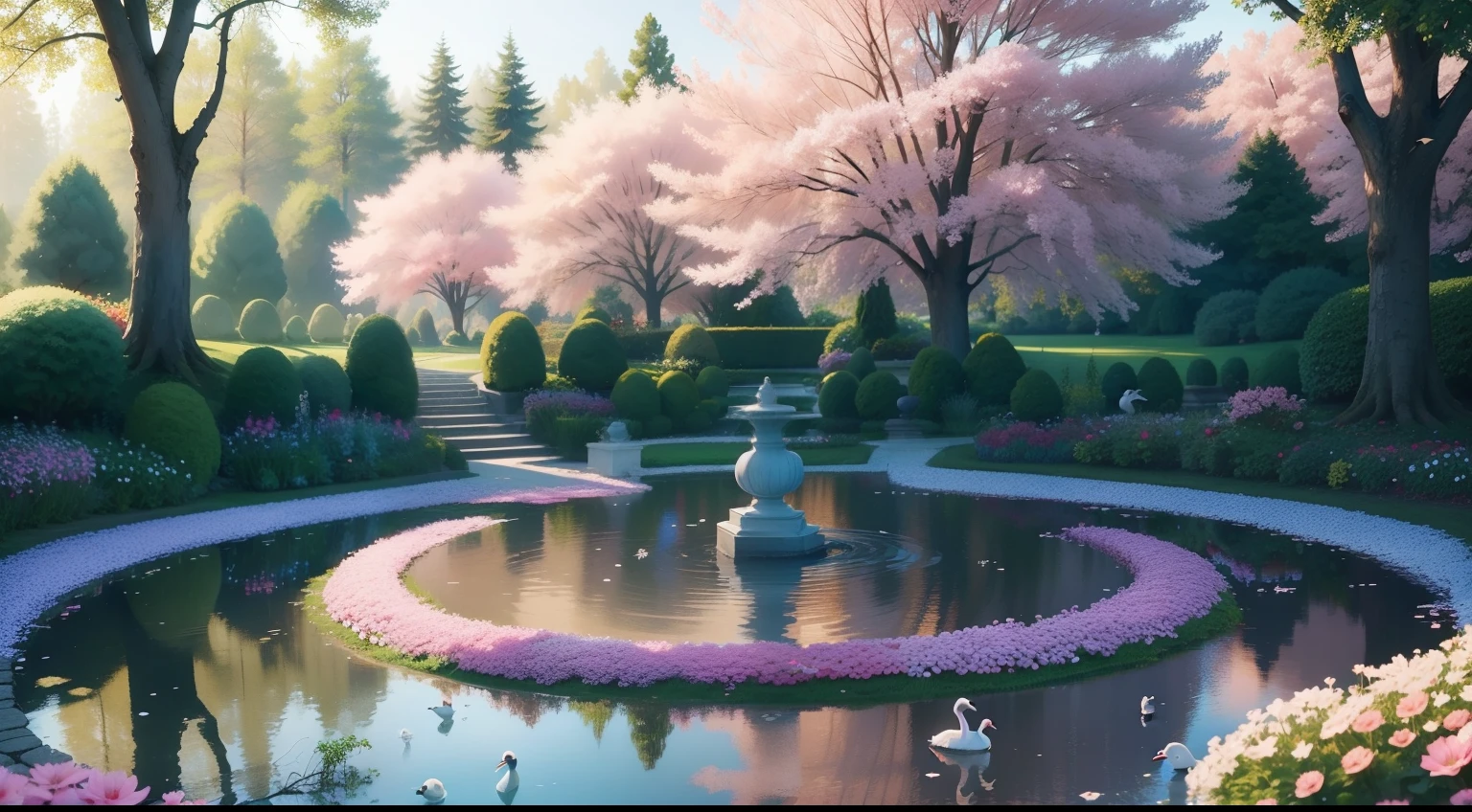 Beautiful garden with colorful encrusted flowers predominates the pink 8k exotic flowers perfect forest sunlight predominant blue lake with ducks and white swans swimming very beautiful perfect amazing peace calm joy