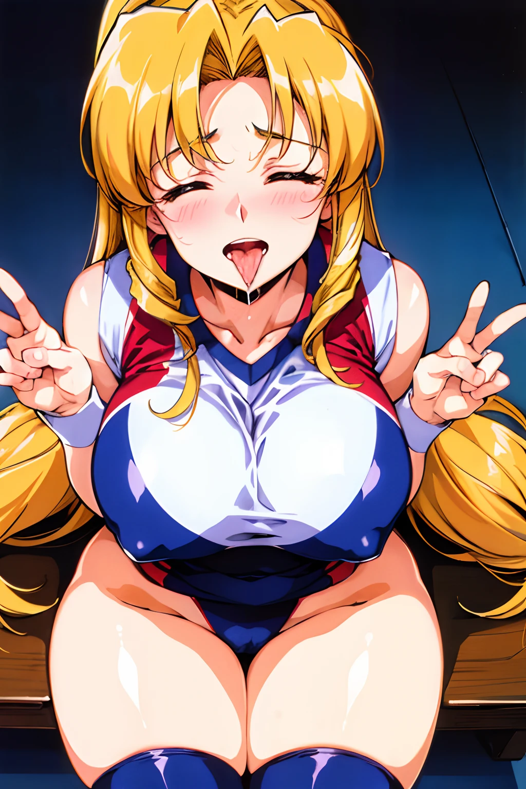 best quality, ultra-detailed, high resolution, 1woman, mature female, milf, POV, huge breasts, blonde hair, drill hair, volleyball uniform, 1990s \(style\),retro artstyle,1990s anime cels style, (vulgarity:1.4), orgasm, nose blush, from above, looking up, half closed eyes, open mouth, (drooling), tongue out, sitting, gymnasium
