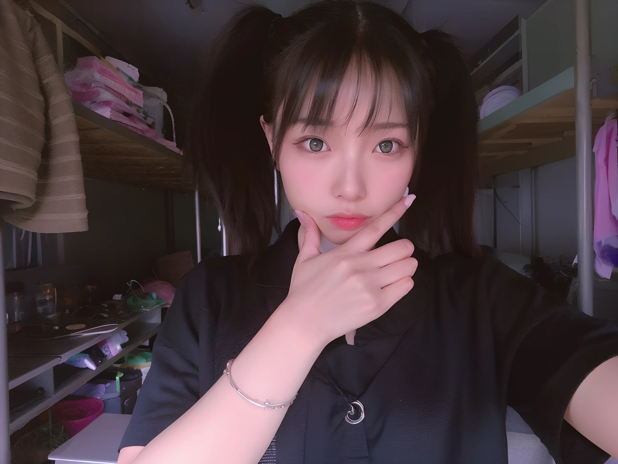 there is a woman that is posing for a picture in a room, ulzzangs, Korean girl, chiho, cruel korean goth girl, black hime cut hair, with black pigtails, She has black hair，By bangs, lalisa manobal, 🤤 girl portrait, Shin Jinying, tidy hair，By bangs, With bangs, shikamimi, with short hair