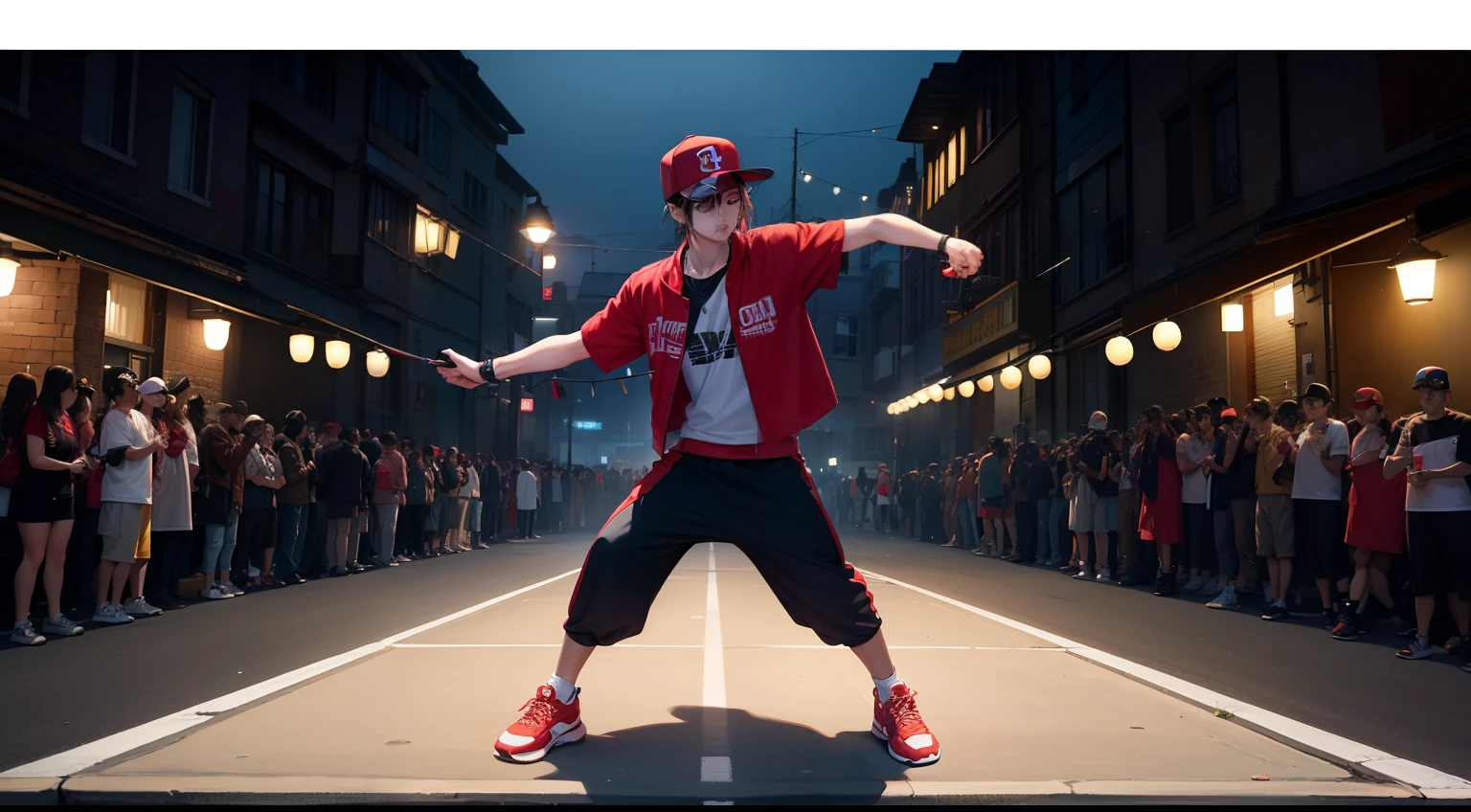 Hip-hop with one hand,The movie is warm,Wang Yibo,detail-rich,stage,lamplight,ultra-wide-angle,red baseball cap,in a panoramic view,street dancing,Breaking, Locking,poping,Free style