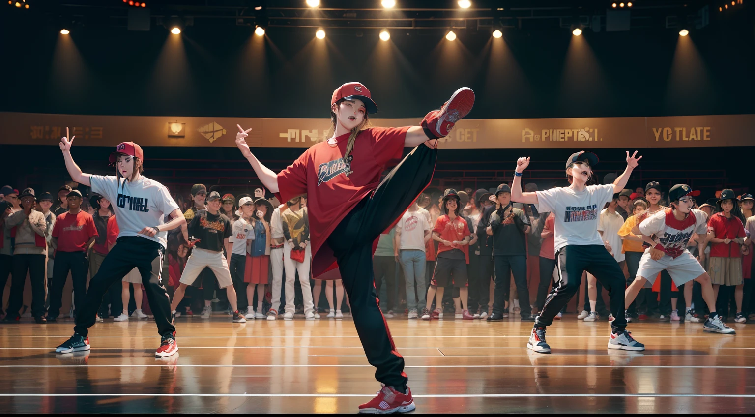 Hip-hop with one hand,The movie is warm,Wang Yibo,detail-rich,stage,lamplight,ultra-wide-angle,red baseball cap,in a panoramic view,street dancing,Breaking, Locking,poping,Free style