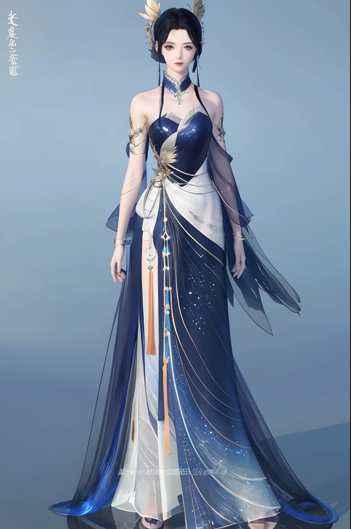 （best qualtiy，tmasterpiece：1.2），超高分辨率，realisticlying，Front lighting，Complicated details，Exquisitedetailsandtextures，（1girll），独奏，standing on your feet，The upper part of the body，（Game character design，Antique beautiful girl），（Blue Hanfu，a blue dress），Petal pattern，Nice big eyes，beauitful face，facing to audience，Streamers，gossamer，（年轻），Facial highlights，Detal Face，tear-mole，white skinned，Silvery hair，High ponytail，looking at viewert，largeeyes，eye shadows，（Openwork pattern），耳Nipple Ring，slimfigure，（greybackground），correct hand，profesional lighting，photon maping，Radio City，physically-based renderingt