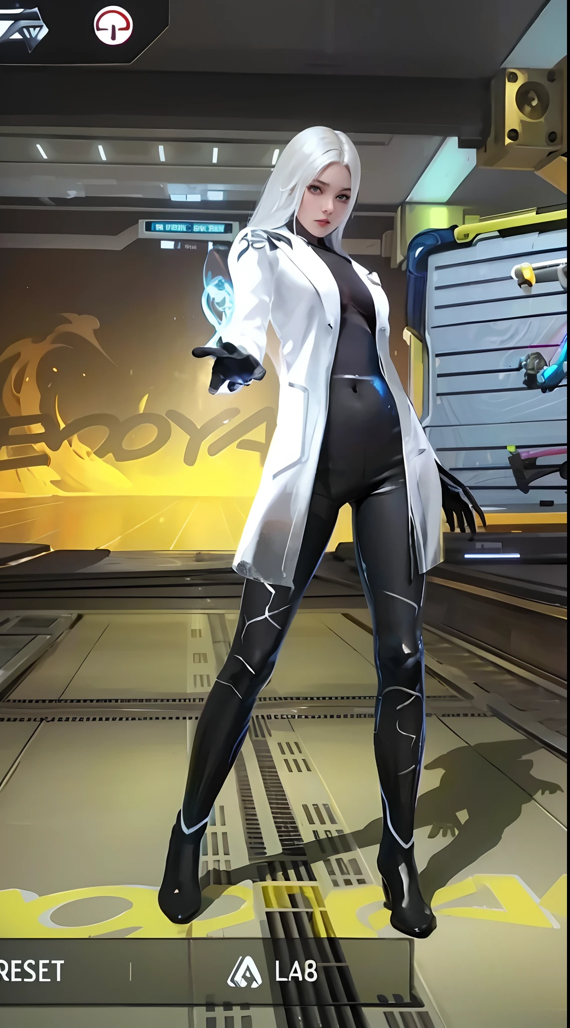 (hyperrealistic), (illustration), (high resolution), (8K), (extremely detailed), (best illustration), (beautiful detailed eyes), (best quality), (ultra-detailed), (masterpiece), (wallpaper), (detailed face), solo 1 girl, white wavy hair, korean, heterochromic eyes, small moles under the eyes, loose white shirt, yoga pants, big breasts, long legs, tight abs, camel toes, dynamic pose