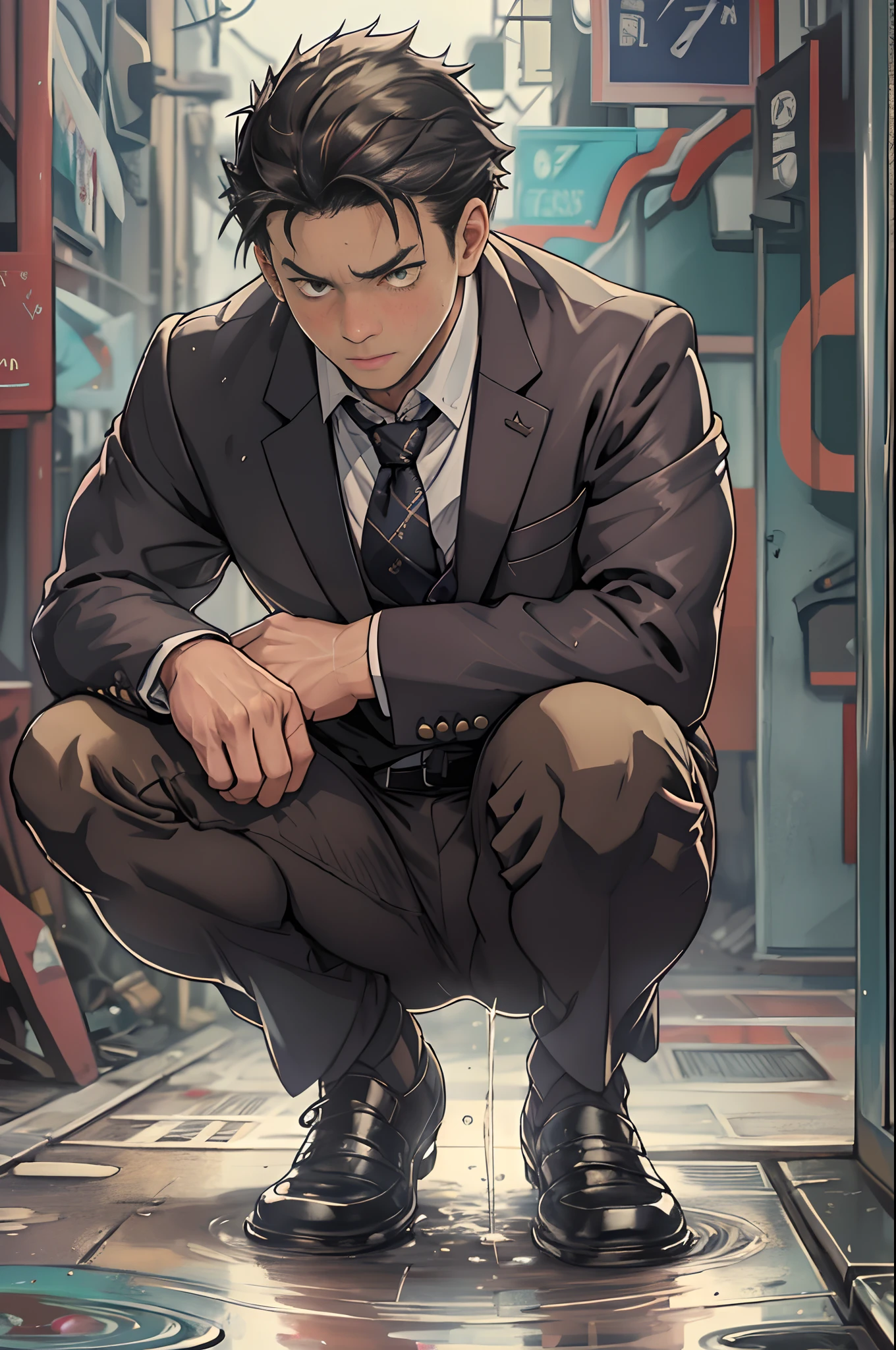 A3R1, Hector Fey ,Multi-view upper body, Suit pants view,legs separated,A3R1,pissing,Pee yourself,His own urine ran down his thighs,perfect male figure, Aerith Gainsborough ,The suit pants are wet,Urine runs down the leg of the trouser,Yellow eyes,Half squat,legs separated,Can't hold back urine,wants to pee,Wear a tie,wearing leather belt,Long Sleeve White Shirt,(The shirt is soaked),Black hair short hair,perspire,Black suit trousers,dress shoes,Nervously bow your head,is shy,embarressed,exhilarated,is shocked,panicking,worry,exteriors,On dry ground, A small puddle of his own urine formed around his feet,half squatting,Very eager to pee,Unbearable,Can't help but pee,Urine flows from the crotch to the legs,Incontinence,It's uncomfortable,Very anxious,Sweat runs from the crotch,Wet yourself,urinating,high detal,hentail realism,ultra-realistic realism,three sided view, A masterpiece of careful planning,A high resolution, hyper HD ,anatomy correct,super detailing,best qualtiy,A high resolution,8K