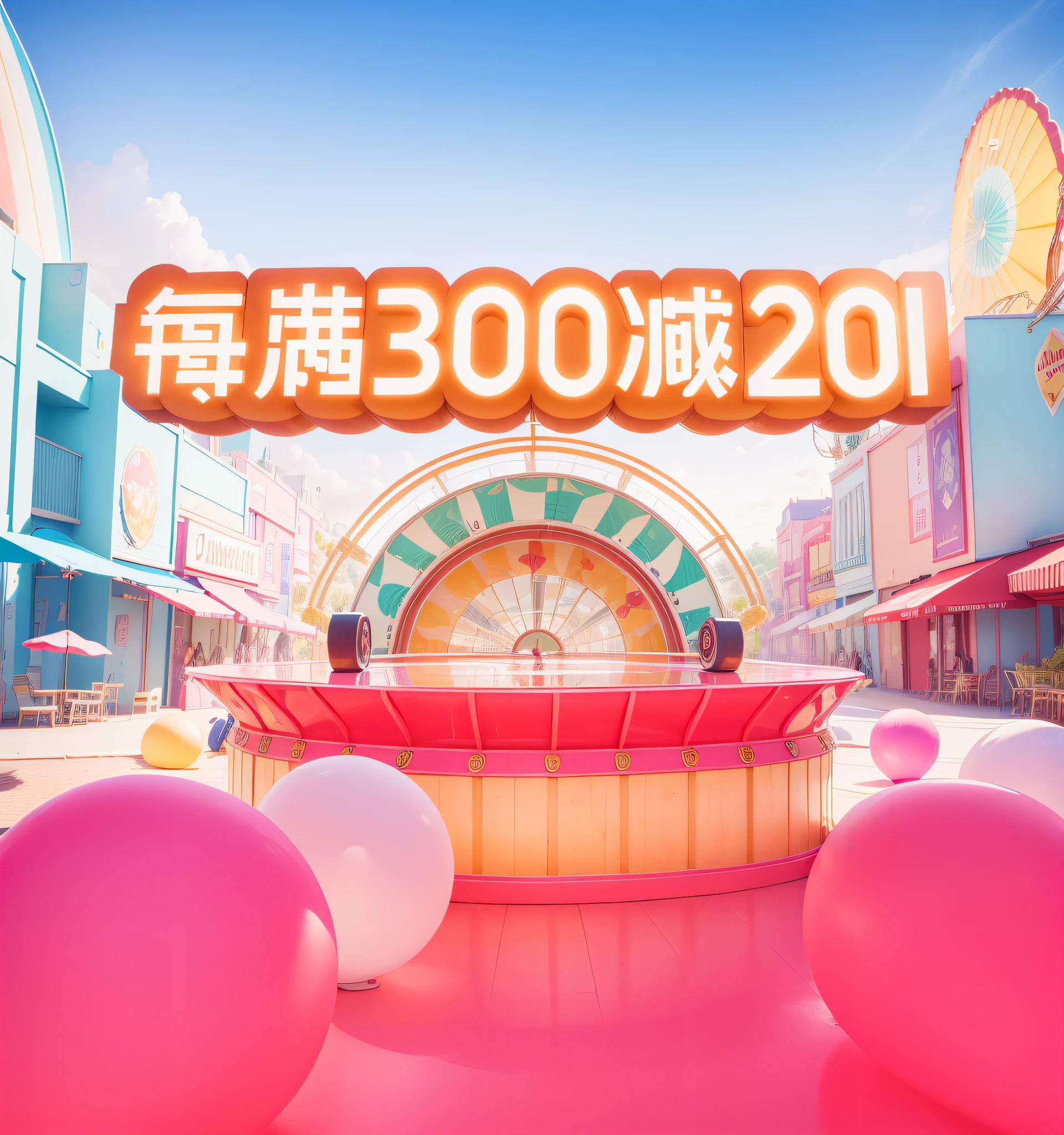 Paradise world/Carnival City,3Drenderingof,Dopamine Mood Paradise,Summer carnival style,Lovely and sophisticated building,shop,Premium texture,high-class details,Studio lights,Stand up the card,hot air balloon