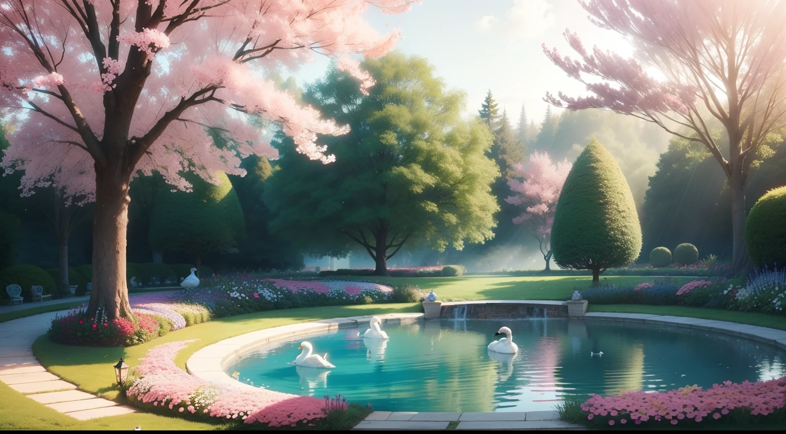 Beautiful garden with colorful encrusted flowers predominates the pink 8k exotic flowers perfect forest sunlight predominant blue lake with ducks and white swans swimming very beautiful perfect amazing peace calm joy
