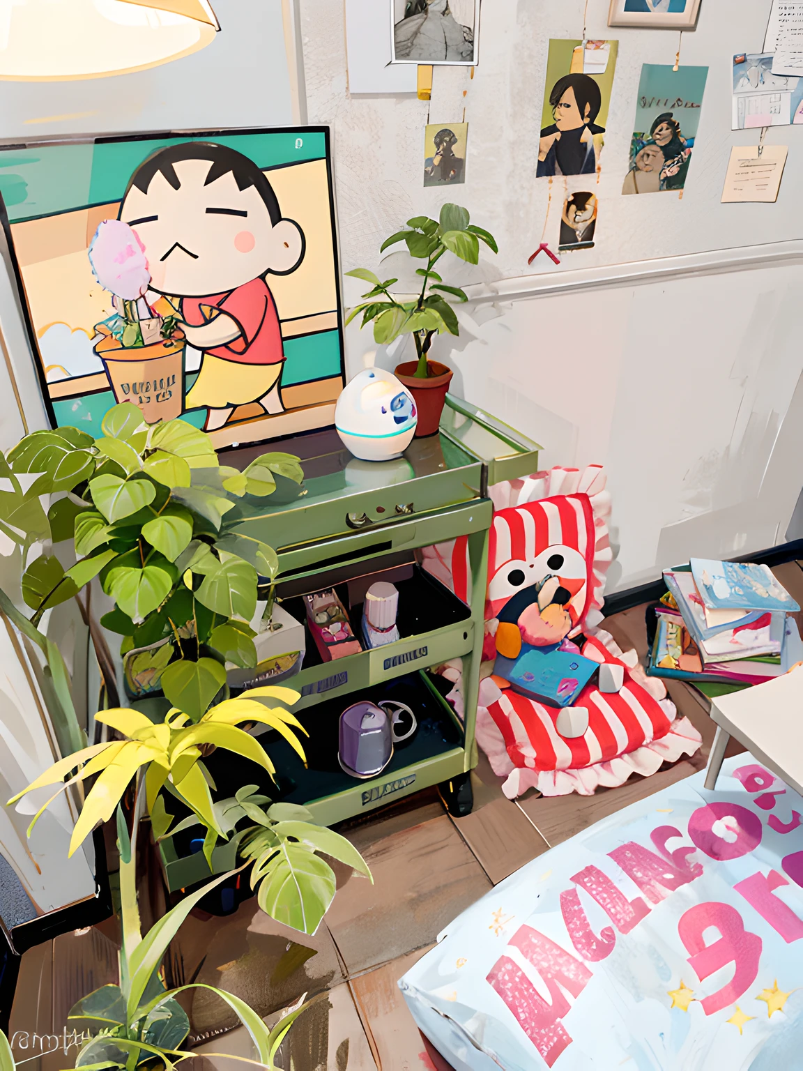 There was a small table,There are potted plants and a painting on it, coloured photo, candy hospital room, taken with canon 8 0 d, aesthetic shot, heavy vignette!, taken with sony alpha 9, in a japanese apartment, author:Miyamoto, advertisement picture, inspired by Eppo Doeve, Vignette, designed for cozy aesthetics!, Home display, environmental shot