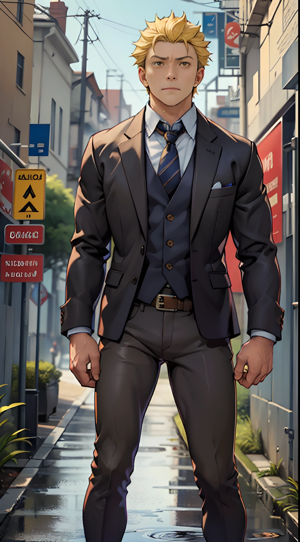 A3R1, Hector Fey ,Look more at the upper body,Pants view,legs separated,A3R1,pissing,Pee yourself,His own urine ran down his thighs,perfect male figure, Aerith Gainsborough ,Put your hands in your trouser pockets,Pee from his legs,yellow eyes,Surrounded by other people, Stand in a very dirty medieval castle,and the sun was shining brightly,Wear a tie,wearing leather belt,Long Sleeve White Shirt,(The shirt is soaked),Short yellow hair,perspire,Black suit trousers,dress shoes,Nervously bow your head,is shy,embarressed,Defeat,is shocked,panicking,worry,exteriors,On dry ground, A small puddle of his own urine formed around his feet,Very eager to pee,Wet yourself,Urine discharge,high detal,hentail realism,ultra-realistic realism,three sided view, A masterpiece of careful planning,A high resolution, hyper HD ,anatomy correct,super detailing,best qualtiy,A high resolution,8K