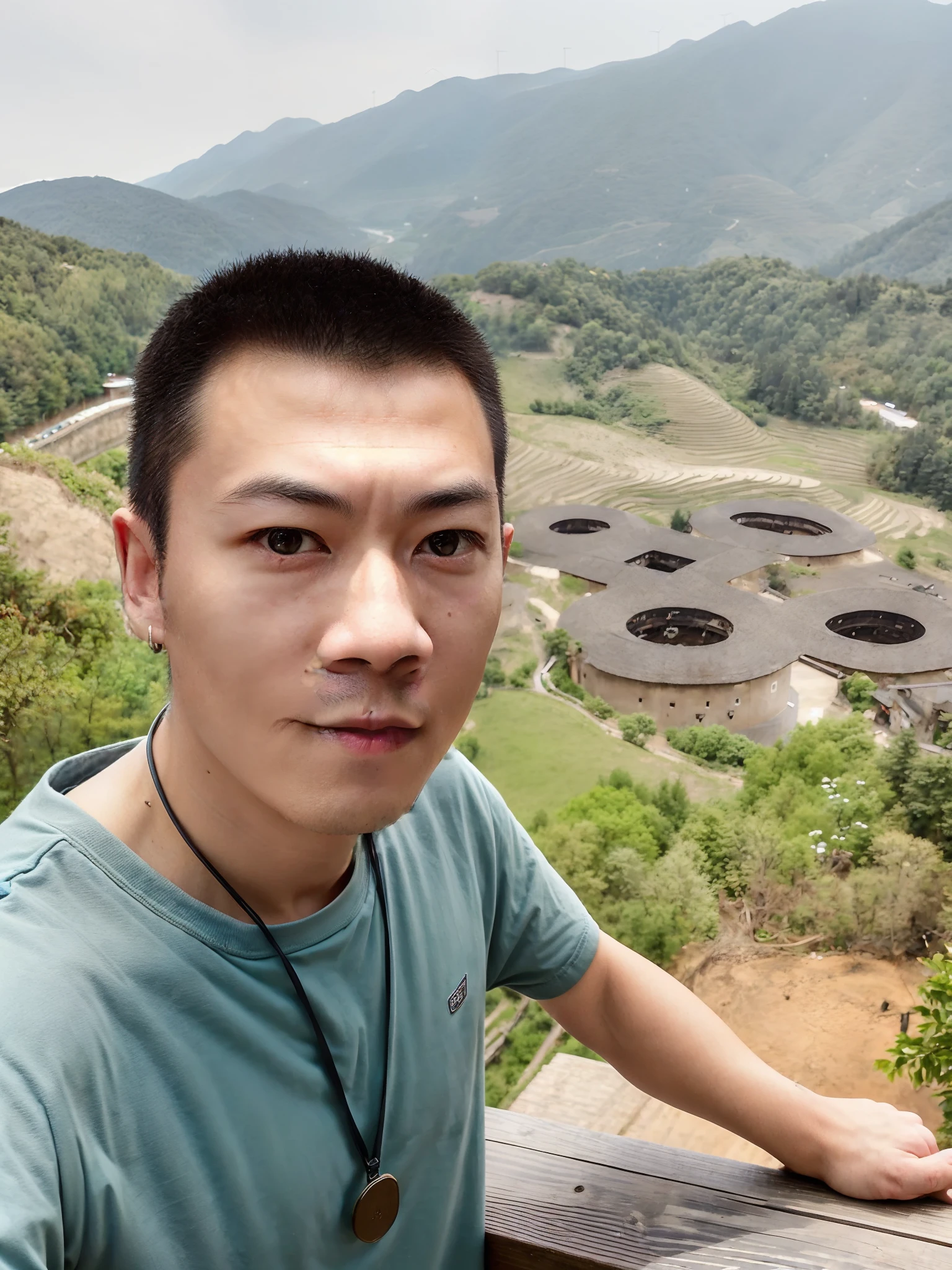 Arafed man standing on a wooden railing overlooking the valley, Chiba Yuda, Leng Jun, xintong chen, zeng fanzh, 8k selfie photograph, emmanuel shiu, 2 , yintion j - jiang geping, liang mark, huifeng huang, 2 9 years old