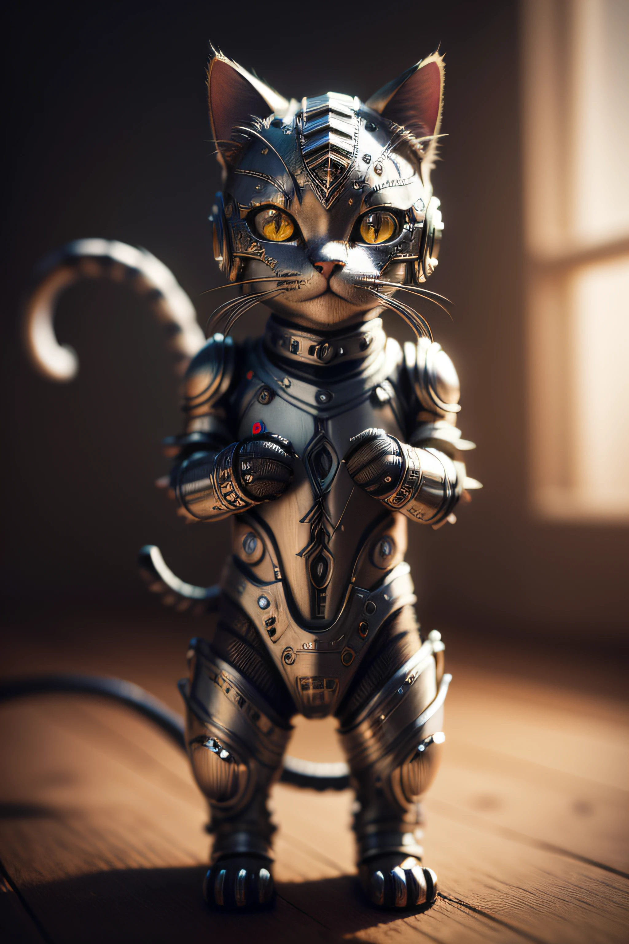 a cute kitten made out of metal, (cyborg:1.1), ([tail | detailed wire]:1.3), (intricate details), hdr, (intricate details, hyperdetailed:1.2), cinematic shot, vignette, centered