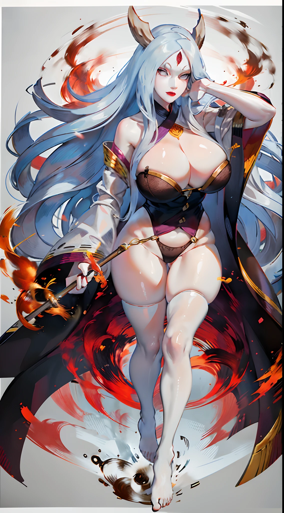 Kaguya,with a pure white background,White silk hair,Blood red moon,huge tit,Fleshy thighs,High-class design sense,Promotional poster style,Simetall,highly rendered,详细的脸