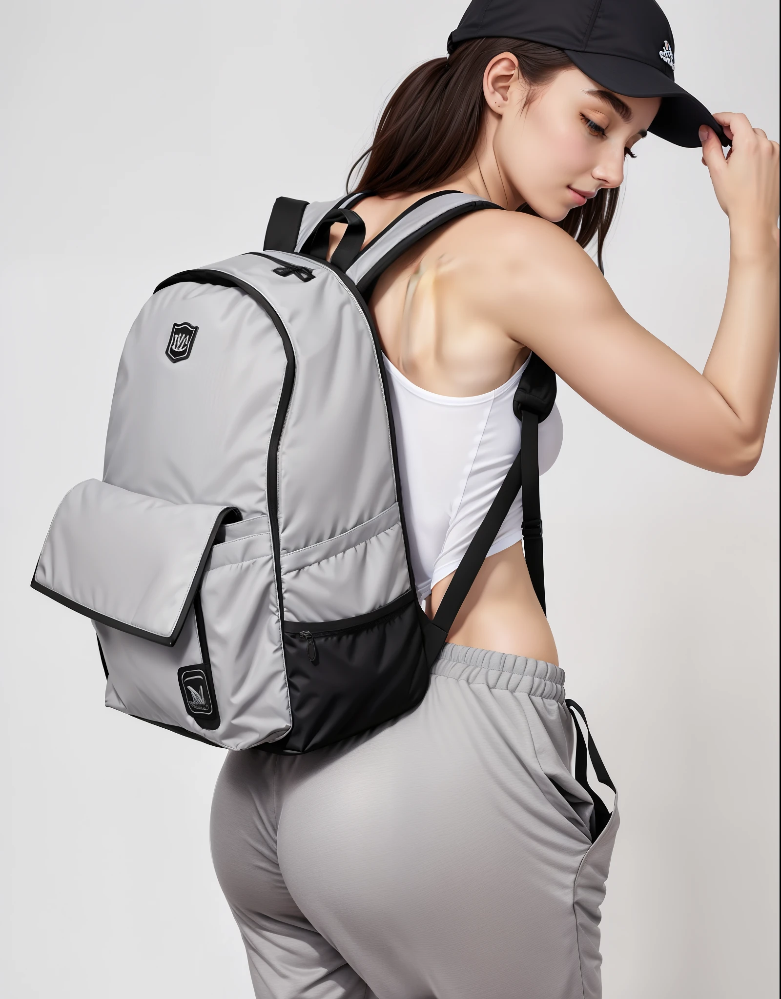 A beautiful woman in a white tank top and gray sweatpants with a backpack, mochila, com uma mochila, uma mochila, mochila escolar, mochila quadrada, uma mulher usando uma mochila, a mulher tem uma mochila, branco e cinza, rear facing, Arte Digital - W 640, Sacos, saco, mochila disco de controle remoto, Cinza claro, roupas esportivas fofas