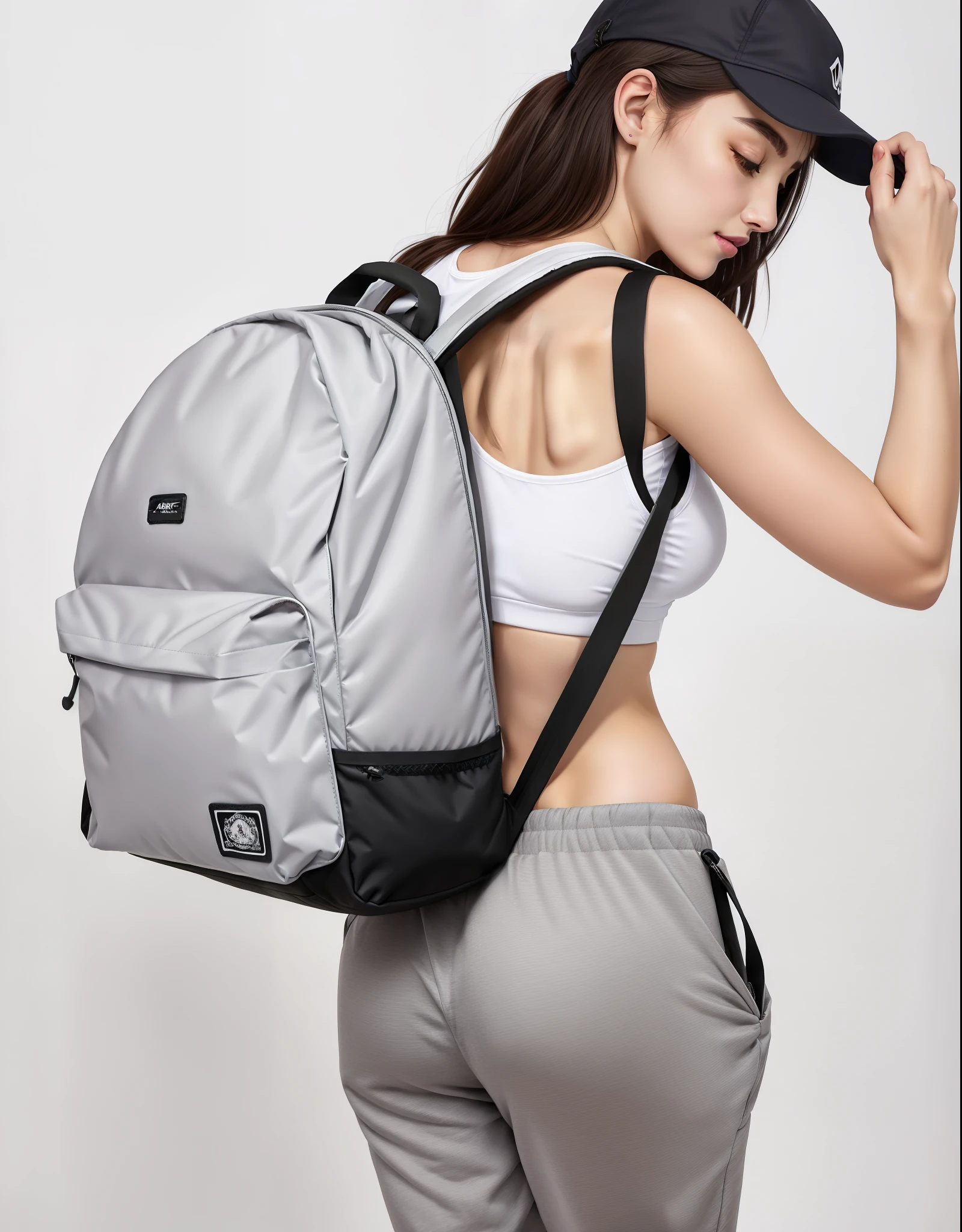 A beautiful woman in a white tank top and gray sweatpants with a backpack, mochila, com uma mochila, uma mochila, mochila escolar, mochila quadrada, uma mulher usando uma mochila, a mulher tem uma mochila, branco e cinza, rear facing, Arte Digital - W 640, Sacos, saco, mochila disco de controle remoto, Cinza claro, roupas esportivas fofas