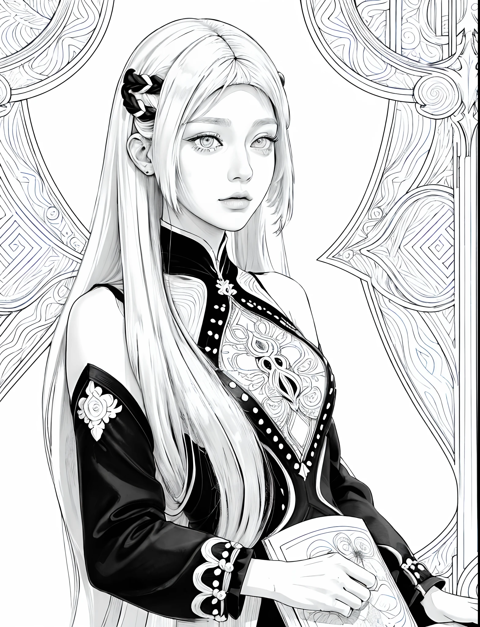 1girl (woman:1.2) flat lines, (very_long_hair, white_hair:1.3) (portrait:1.3) (coloring book, masterpiece, realistic:1.3), (extremely intricate:1.2), (sketch, zentangle, monochrome, lineart:1.2) dynamic angle, dutch angle, flat line art