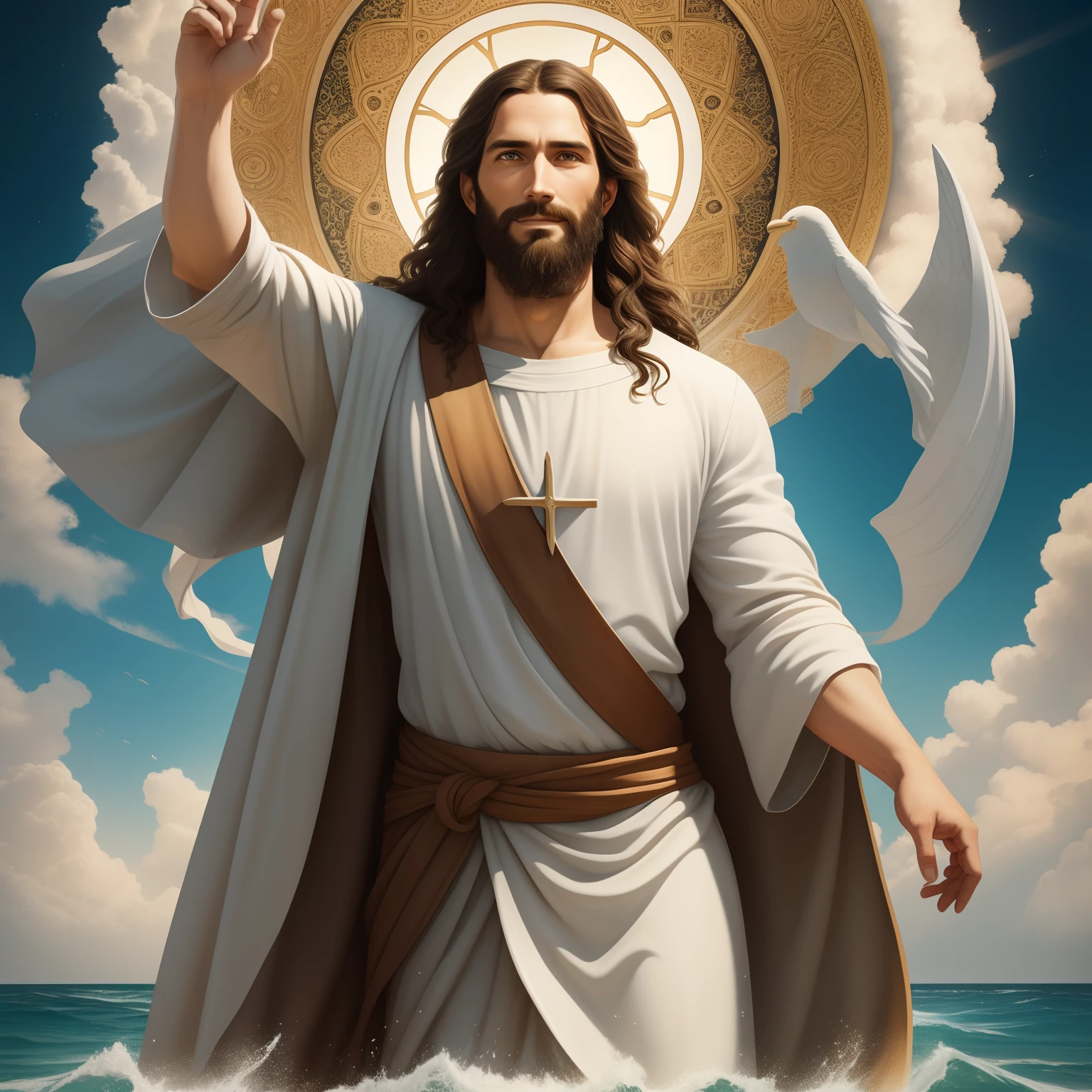 Almighty god Jesus christ ( Cross) ( jesus cross) blessing to the sky 35 years old with a long brown hair and long beard, heaven blessings light with a cross background) happy face, realistic 8k,A beautiful ultra-thin realistic portrait of Jesus, the prophet, a man 35 years old Hebrew brunette, short brown hair, real perfect eyes, long brown beard, with, Helping People , wearing long linen tunic closed on the chest part, in front view, full body, biblical, realistic,by Diego Velázquez,Peter Paul Rubens,Rembrandt,Alex Ross,8k, Concept Art, PhotoRealistic, Realistic, Illustration, Oil Painting, Surrealism, HyperRealistic, helping people , Digital art, style, watercolorReal Jesus flying on sky with a flying cloud in the background, Jesus walking on water, biblical illustration, epic biblical representation, forcing him to flee, coming out of the ocean, ! holding in hand!, disembarking, god of the ocean, beautiful representation, 8k 3D Model, realistic,
a 3D Realistic of jesus with a halo in the sky, jesus christ, smiling in heaven, portrait of jesus christ, jesus face, 35 young almighty god, portrait of a heavenly god, greg olsen, gigachad jesus, jesus of nazareth, jesus, the face of god, god looking at me, he is greeting you warmly, he is happy, avatar image