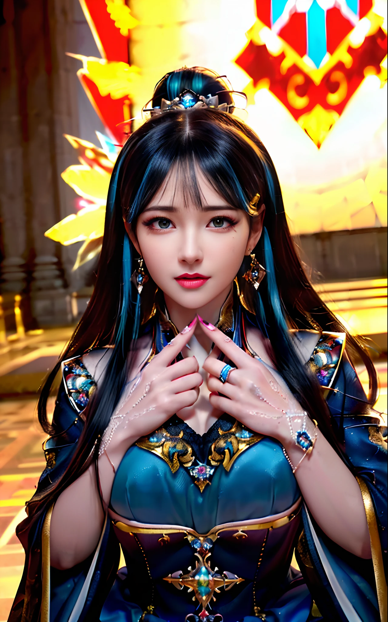 ((realisticity: 1.2)), ((realistic: 8K UHD)), ((best resolution: 8K UHD)), hyper detailed, best quality,masterpiece,highres,cg, ((1 girl hyper detailed and hyper realistic) ) , ((beautiful queen, hyper realistic and hyper detailed)),((white skin, beautiful, smooth, youthful, hyper realistic and hyper detailed )), ((Face hyper beautiful, white, hyper realistic and hyper detailed ) ), long hair, ((hyper realistic and hyper detailed dress)), solo, ((hyper realistic, hyper beautiful, beautiful and hyper detailed jewelry)), ((hyper beautiful deep red and golden yellow dress, hyper realistic and hyper detailed )) , ((Her pretty, hyper realistic, hyper detailed diamond filled earrings)), ((Her gorgeous diamond haircut, hyper realistic and hyper detailed)), ((hyper pretty upper body, hyper beautiful, hyper realistic and hyper detailed) ), ((medium breast: 1.1)), ((hyper realistic, hyper pretty, hyper detailed boobs)), ((the backgroun of the royal palace is hyper majestic, hyper realistic and hyper detailed)),((hands and palms hyper beautiful, hyper detailed, hyper realistic)), ((hyper detailed and hyper realistic fingers and fingernails)), ((hyper pretty fingernails, hyper vivid, hyper detailed, hyper realistic)), ((thumb, index finger, middle finger, ring finger, little finger hyper vivid, hyper pretty, hyper detailed, hyper realistic)),  
((hyper beautiful fingers, hyper detailed, and hyper realistic)), ((posture not too fat and not too thin, hyper realistic, hyper detail)), ((hyper pretty, hyper pretty, hyper realistic and hyper detailed hair bun)), ((hyper pretty , hyper realistic and hyper detailed blue hair)), candid, Photo, high resolution, 8k , bokeh,