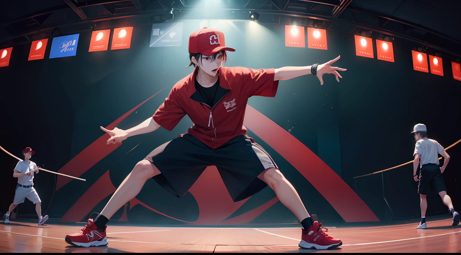 Hip-hop with one hand,The movie is warm,Wang Yibo,detail-rich,stage,lamplight,ultra-wide-angle,red baseball cap,in a panoramic view,street dancing,Breaking, Locking,poping,Free style
