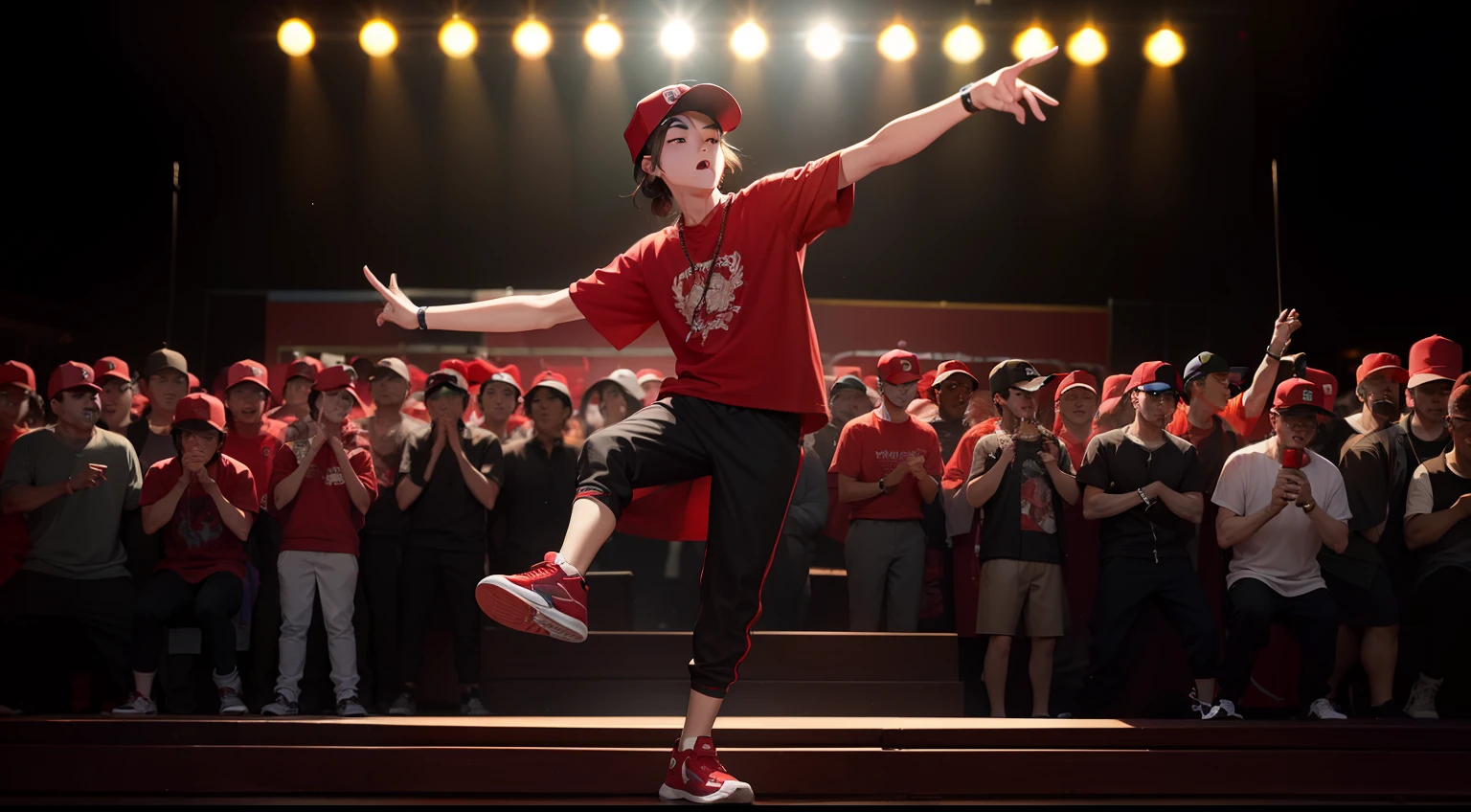 Hip-hop with one hand,The movie is warm,Wang Yibo,detail-rich,stage,lamplight,ultra-wide-angle,red baseball cap,in a panoramic view,street dancing,Breaking, Locking,poping,Free style
