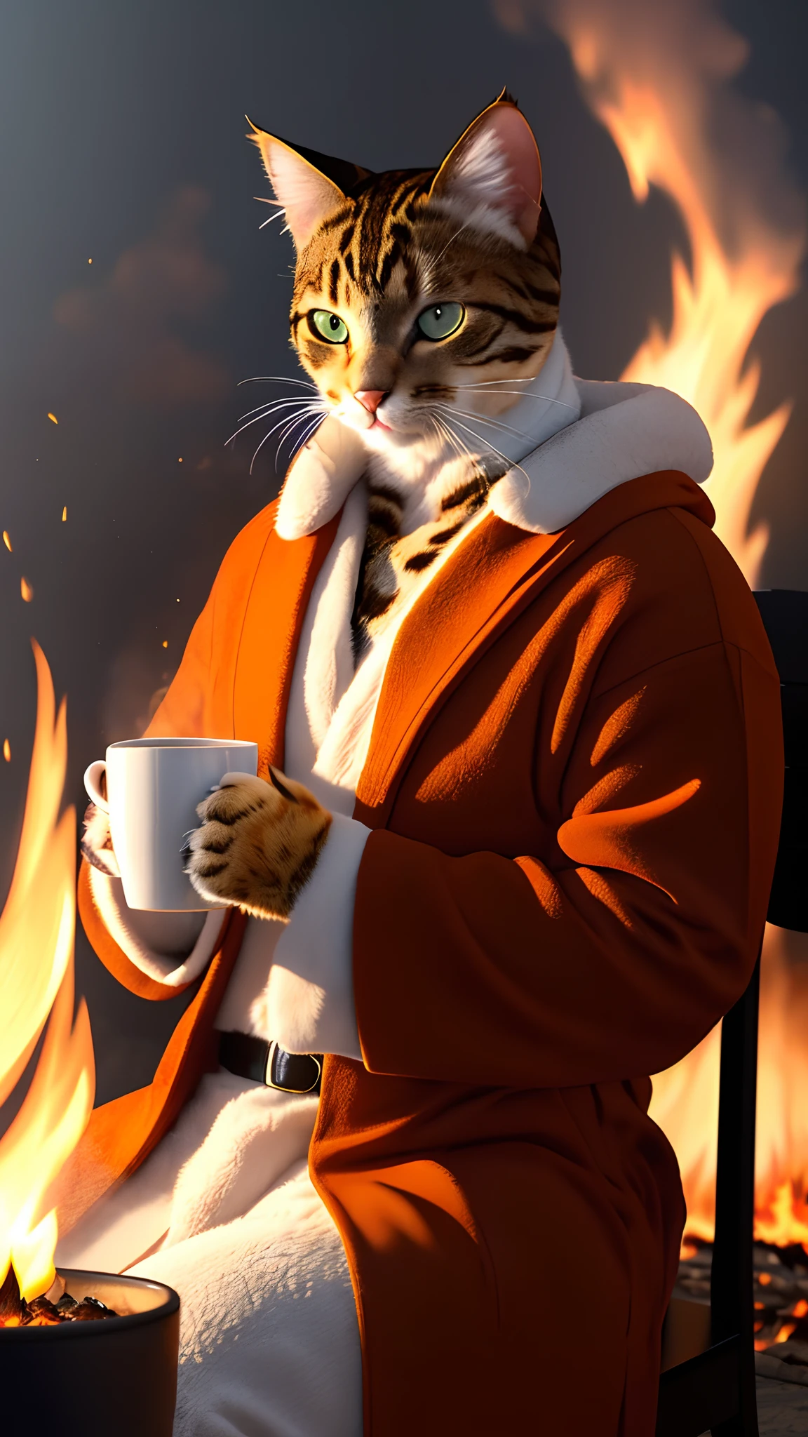 (best quality:1.23), (masterpiece:1.12), (realistic:1.24), (anthropomorphic cat:1.5) holding a coffee cup, sitting, in a robe, eating breakfast and holding a coffee cup, hat, particles, volumetric lighting, room burn down, ground and chair on fire, lots of gadgets and equipment on fire, smoke, (flames all around:1.3),