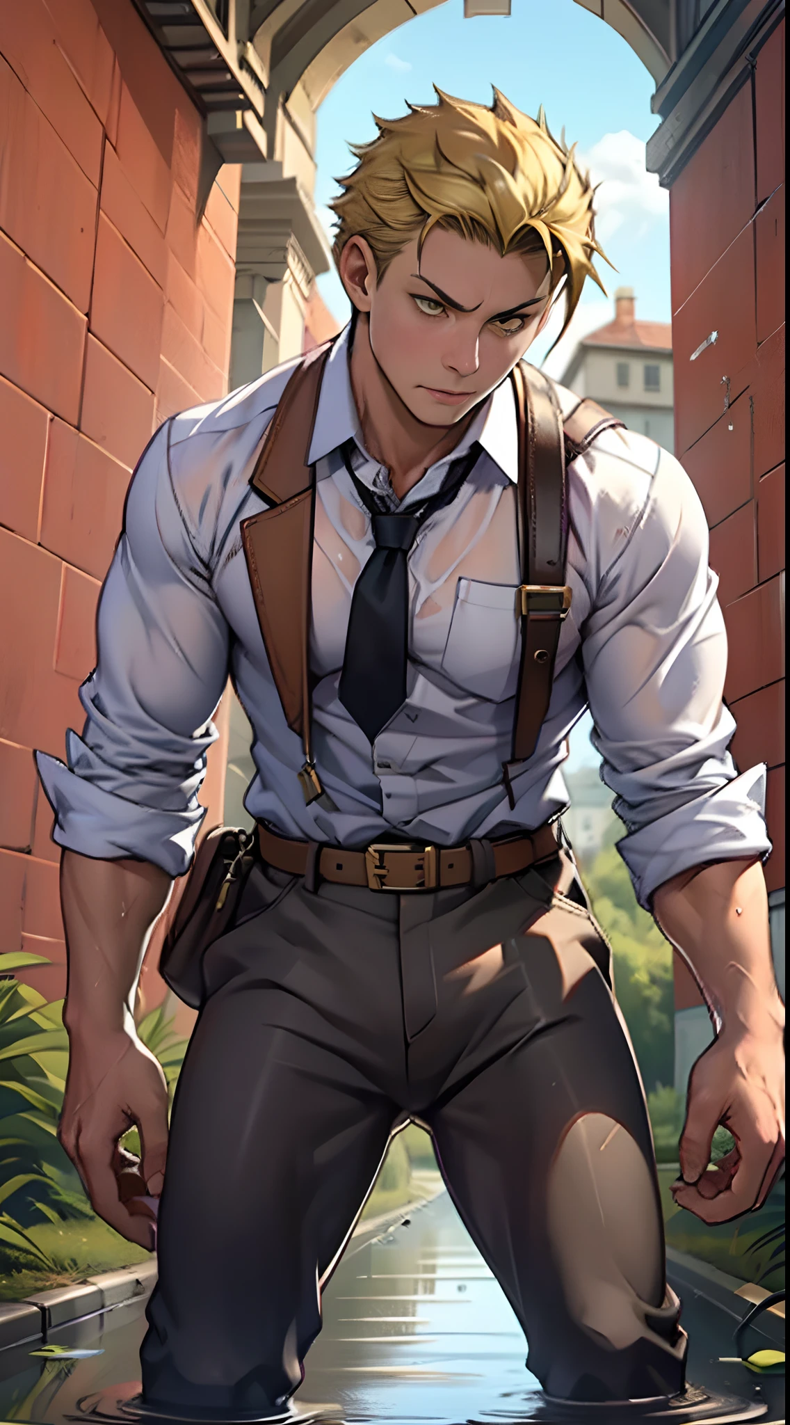 A3R1, Hector Fey ，Look more at the upper body，Pants view，legs separated，A3R1,pissing，Pee yourself，His own urine ran down his thighs，perfect male figure， Aerith Gainsborough ,Put your hands in your trouser pockets，Pee from his legs，yellow eyes，Surrounded by other people， Stand in a very dirty medieval castle，and the sun was shining brightly，Wear a tie，wearing leather belt，Long Sleeve White Shirt，（The shirt is soaked），Short yellow hair，perspire，Black suit trousers，dress shoes，Nervously bow your head，is shy，embarressed，Defeat，is shocked，panicking，worry，exteriors，On dry ground， A small puddle of his own urine formed around his feet，Very eager to pee，Wet yourself，Urine discharge，high detal，hentail realism，ultra-realistic realism，three sided view， A masterpiece of careful planning，A high resolution， hyper HD ，anatomy correct，super detailing，best qualtiy，A high resolution，8K