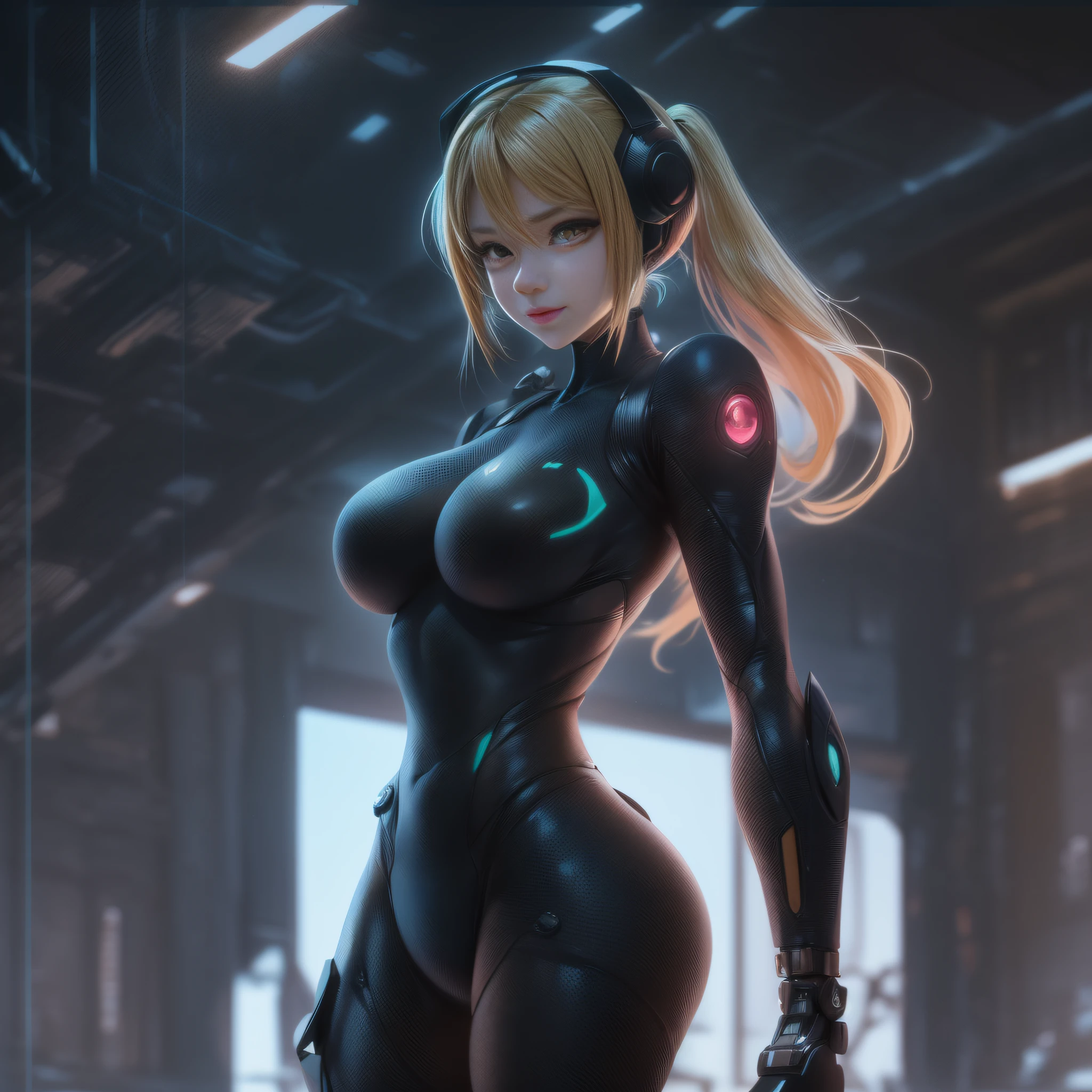 anime style, 16k, UHD, masterpiece, ((high quality, high details):1.4),(is looking at the viewer, making erotic poses, giving a small and simple smile, intricate details of facial features, adorable face, flawless nose, captivating shadows, alluring shy expression.):1.2)((full body):2), {(Only one woman)}:((Wearing Samus Aran's cybernetic suit in all black with neon parts,)) (((extremely tight on her body))):1.2), (((huge perky breasts))), (juicy Thick thighs, thigh gap), (skinny waist), curvy hips,