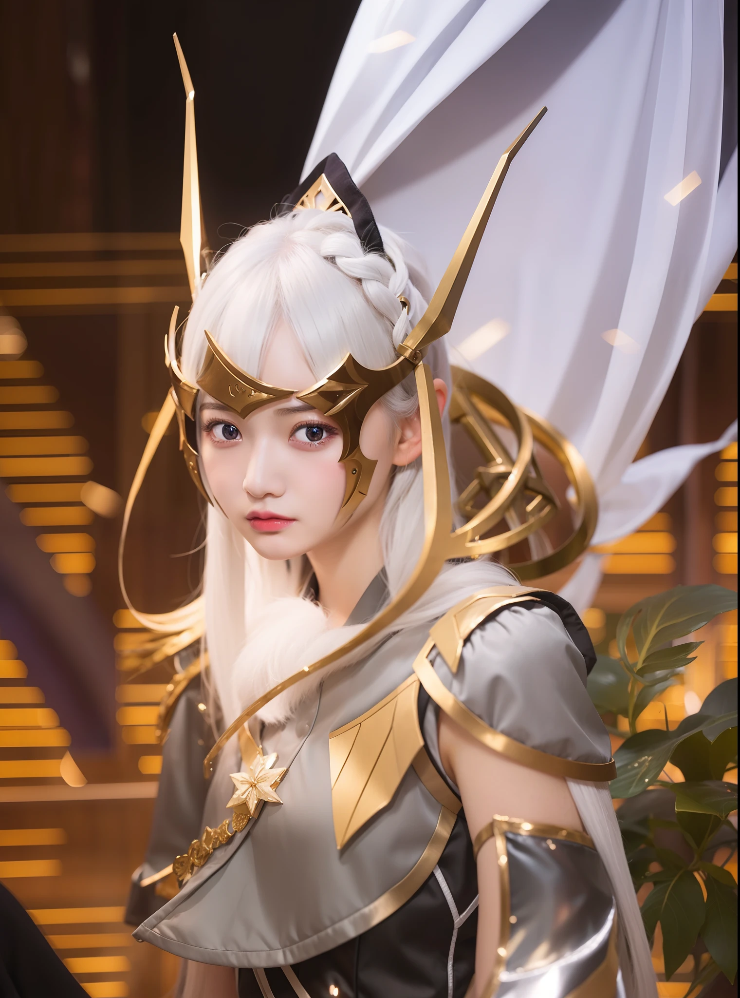1girl, miya, mobile legends, oranye eyes, long hair, white hair, attribute silver and oranye, good, realistis, ultra detail,