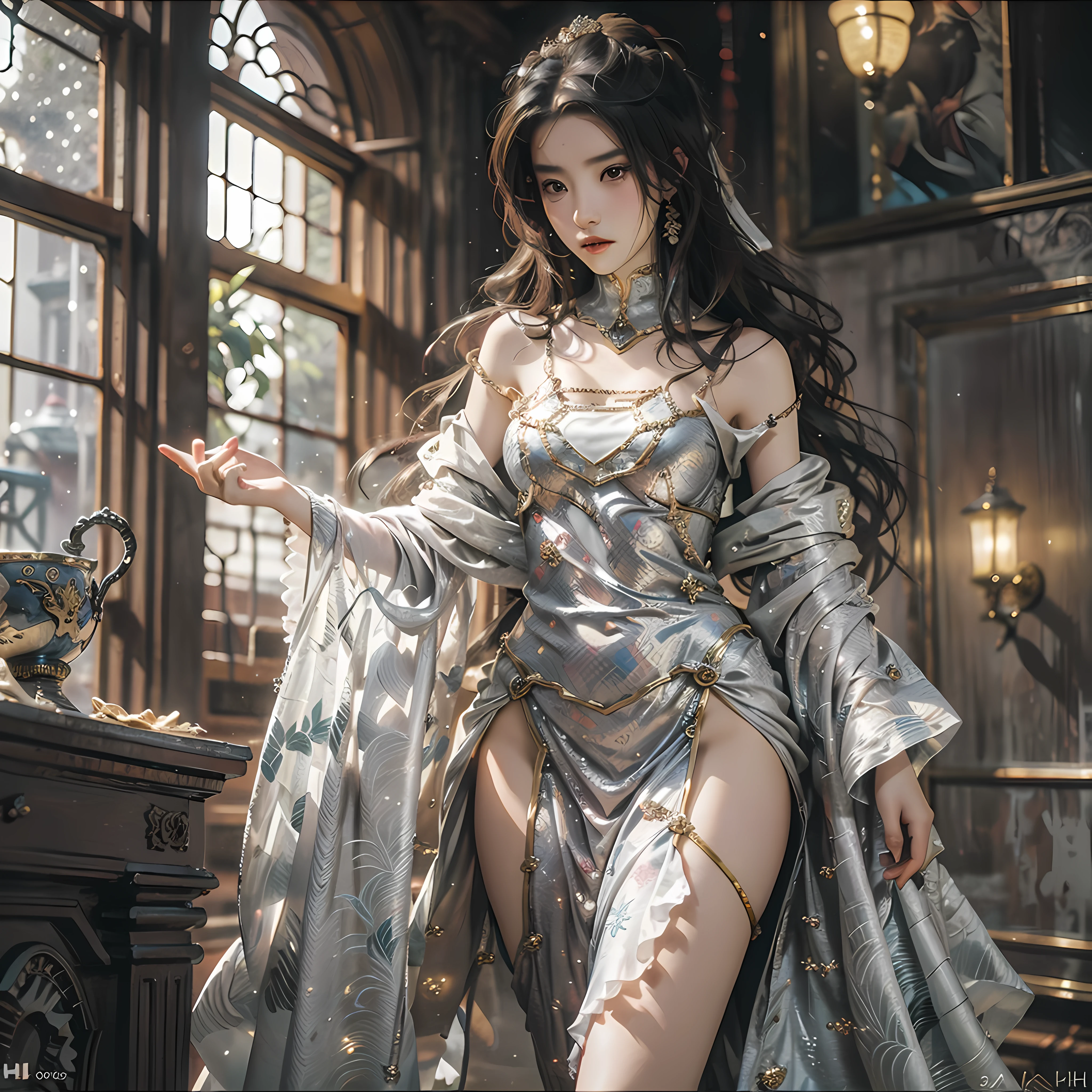 a woman in a silver dress posing for a picture, concept art by Raymond Han, cgsociety contest winner, fantasy art, ((a beautiful fantasy empress)), fantasy dress, a beautiful fantasy empress, karol bak uhd, fantasy gorgeous lighting, fantasy woman, fantasy robe, blonde goddess, style of karol bak, draped in shiny gold and silver, sexy gown