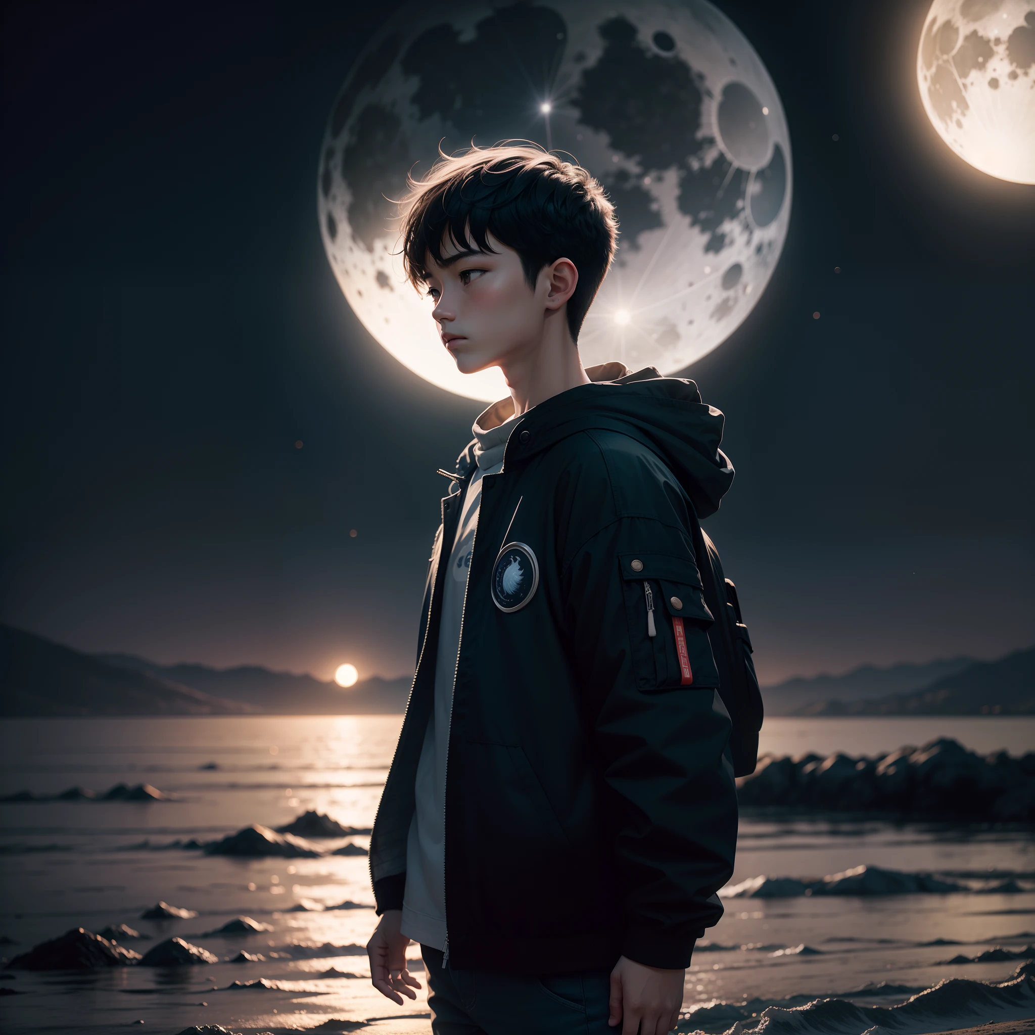 A teenager stands in front of the moon, and the moonlight hits the boy in the face, The vicinity was pitch black, and only the moon and the sky full of stars could be seen,Realisticstyle, 80mm lens, tmasterpiece, best qualtiy, (filmgrain:1.1), 超高分辨率, RAW