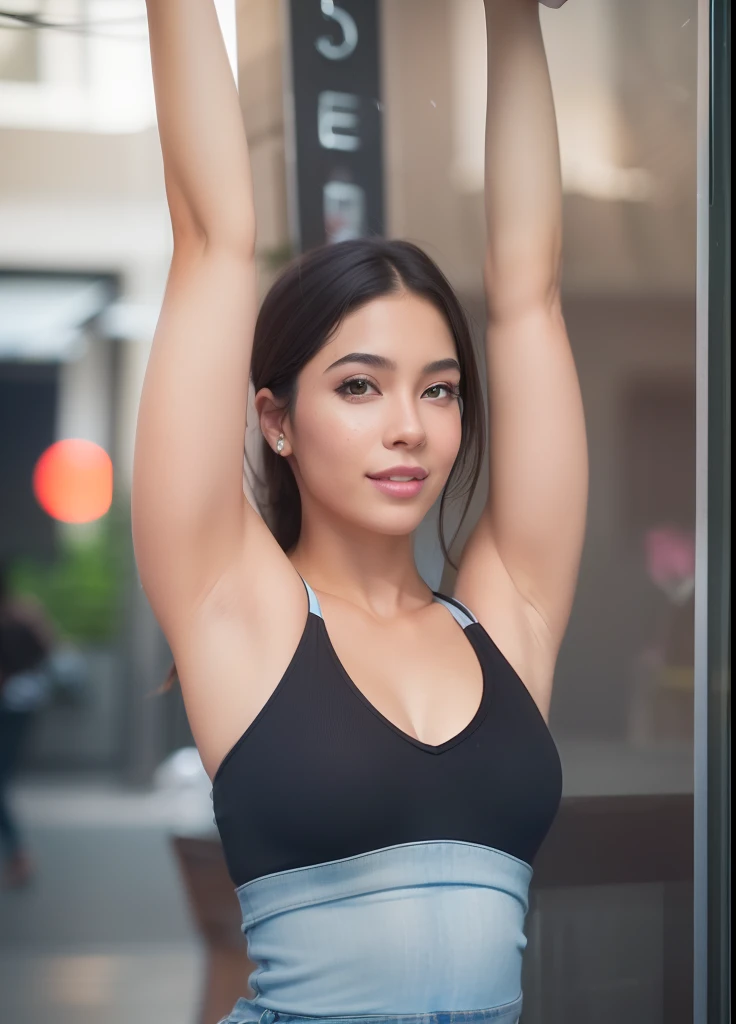 sexy smiling, (realistic photo: 1.4), (hyper realistic: 1.4), (realistic: 1.3), (softer lighting: 1.05), (increase the quality of cinematic lighting: 0.9), 32K, 1 girl, 20 years, realistic lighting, backlight, light on the face, ray trace, (bright light: 1.2), (increase quality: 1.4), (skin with real texture of better quality: 1.4), smiling, happy, finely detailed eyes, finely detailed face, five fingers, black hair, finely quality eyes, (joy, flush, smile, happiness), close-up of the smile face, (Increase body line mood: 1.1), (Increase the beauty of skin texture: 1.1) (smiling tank top and jeans), (cool colors), damp, reflections, background rio de janeiro (masterpiece) (perfect proportion)(realistic photo)(best quality) (detailed) photographed on a Canon EOS R5, 50mm lens, F/2.8, HDR, (8k)