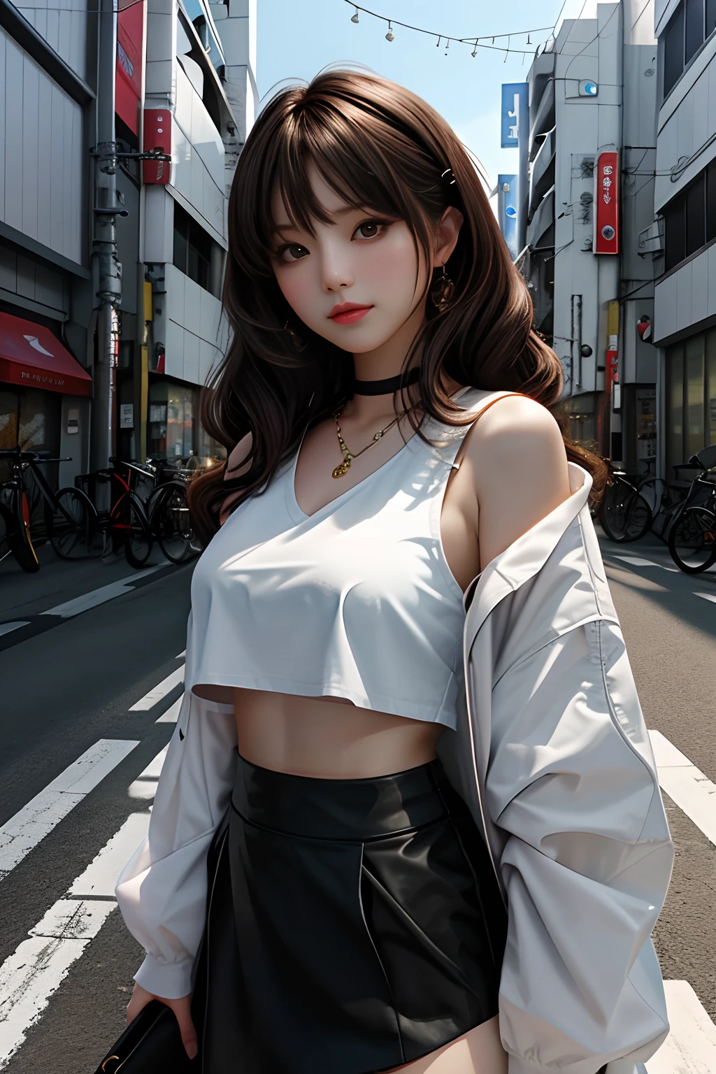 tmasterpiece， Best quality at best， 1girll， from below， underboobs， mediuml breasts， Superskirt， Crop tops， brunette color hair， 黑The eye，Japan  Woman，Bottom-up perspective，streetview