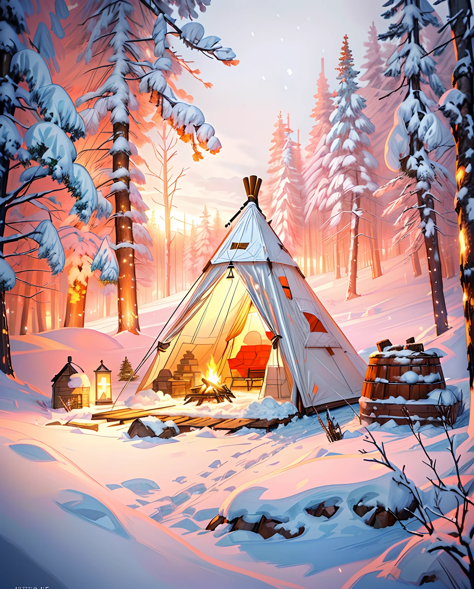 a painting of a tent in the snow with a fire inside, winter concept art, cozy wallpaper, relaxing concept art, environment art, cozy environment, campfire background, environment and concept art, environment painting, atey ghailan 8 k, ross tran. scenic background, environment design illustration, 🌲🌌, cozy place, camp fire, best of artstation