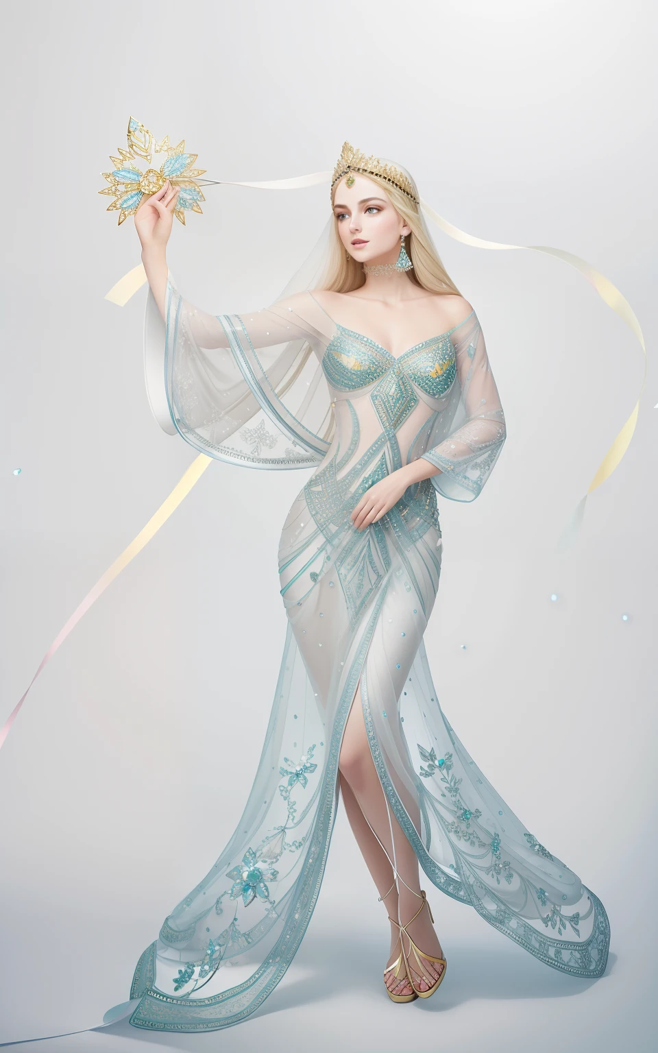 In the void, The beautiful virgin sits leisurely on the ground,The body is entangled with flowers and green leaves,white streamer,Delicate and radiant skin,Barefoot,(Long curved eyebrows),Beautiful eyes sparkle,The large, Jewel-like eyes sparkle,Clear pupils have reflected light,二重まぶた,Lying silkworm,looks into camera,((Plump and rosy lips)) Clearly visible,((Flushed cheeks)),The mandible is plump,Green skin is delicate and smooth,Delicate skin translucent,The streamers on the body are wrapped around the leaves,jewel embellishment,A delicate and dexterous crown,inlaid gemstones,Delicate and skillfully set gemstones,(Yellow dress),Perfectly designed jewelry is exquisite,Beautiful eyes looking directly at the camera,(((nice hand))),((((Good feet))),(((good legs))),realisticlying,white skinned,((Correct body structure)),Golden costume,Blue sky,Head background with round light,Behind him is a colorful rainbow circle,Color glow is turned on,Front lighting,Positive light,No shadows on the face,There are no shadows on the body,Blue sky,Unreal space,ethereal world,dreamworld,with blue sky and white clouds,tmasterpiece,4K,ultra-definition,professional photoshooting,Perspective looks up,Standard lens shooting,