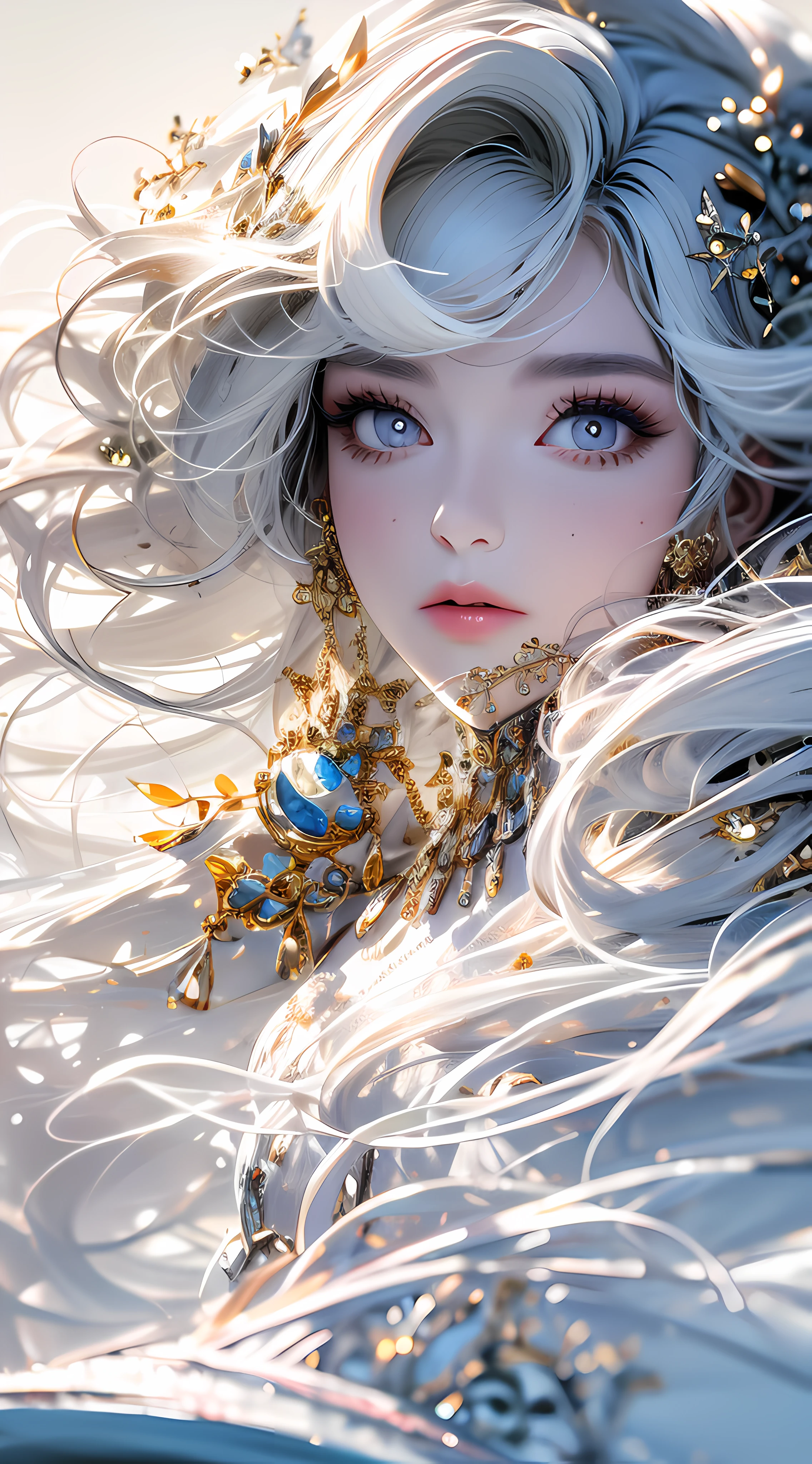 best quality, masterpiece,white hair, gold eyes,white clothes, looking up, upper body,hair strand,Fair skin,side braids