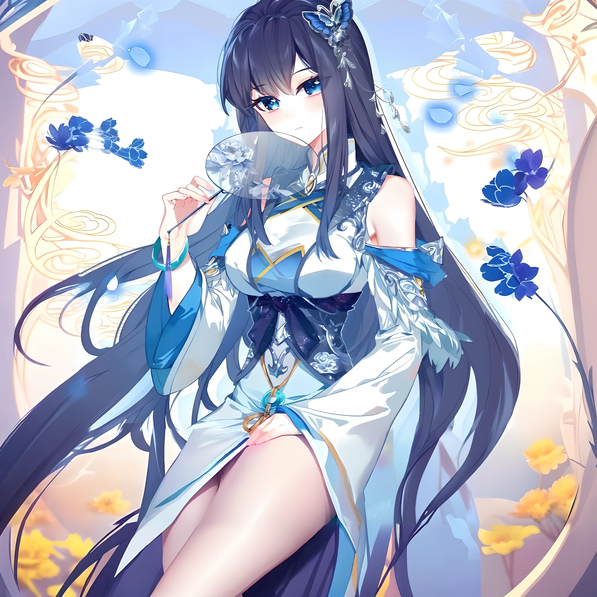Anime girl with long black hair and blue dress holding flowers, Anime goddess, full-body xianxia, cute anime waifu in a nice dress, Keqing from Genshin Impact, Beautiful anime girl, beautiful and seductive anime woman, ((a beautiful fantasy empress)), Hestia, Beautiful anime woman, beautiful fantasy anime, (Anime girl), ”beautiful anime woman