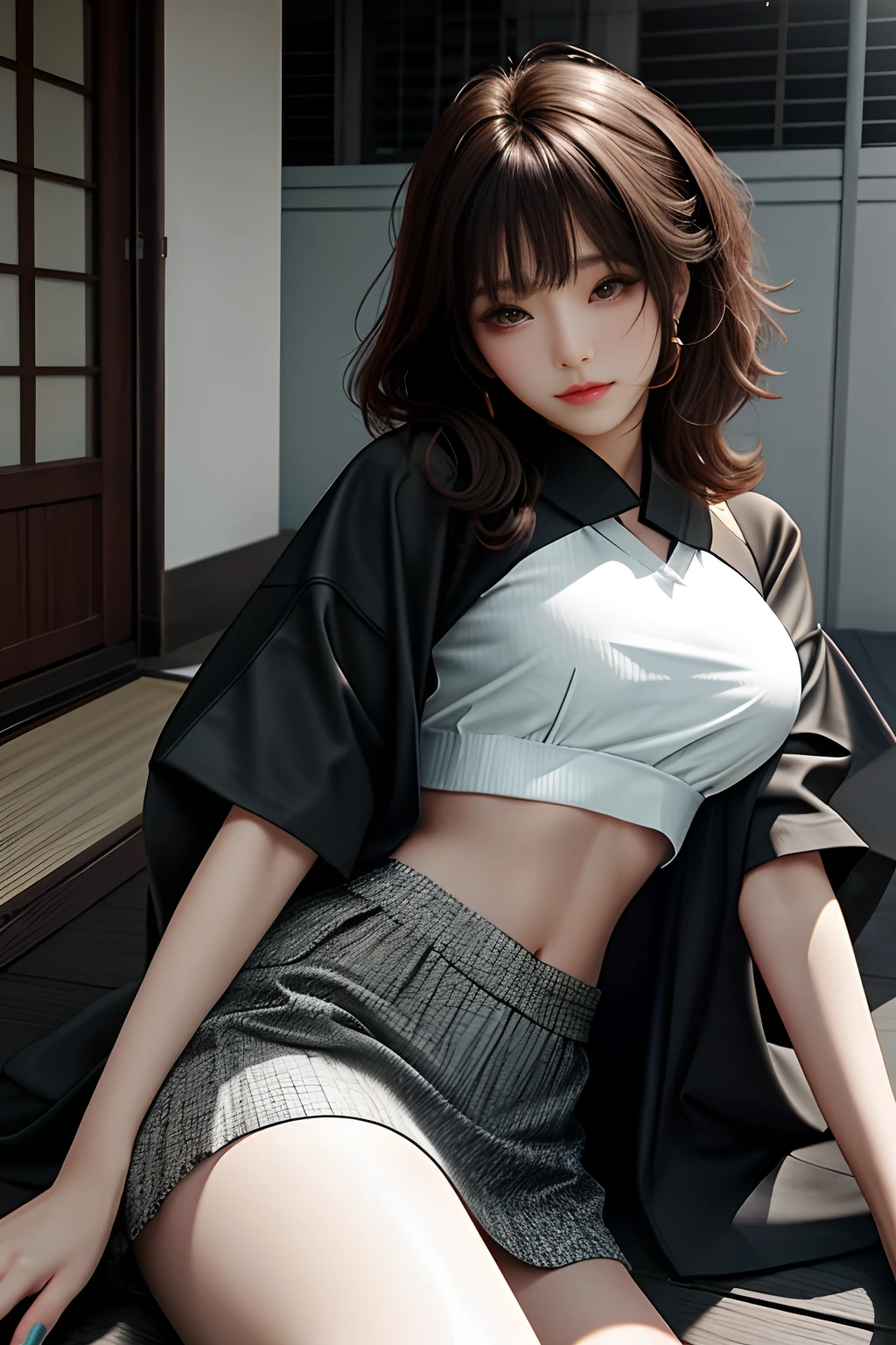 tmasterpiece， Best quality at best， 1girll， from below， underboobs， mediuml breasts， Superskirt， Crop tops， brunette color hair， 黑The eye，Japan  Woman，Bottom-up perspective