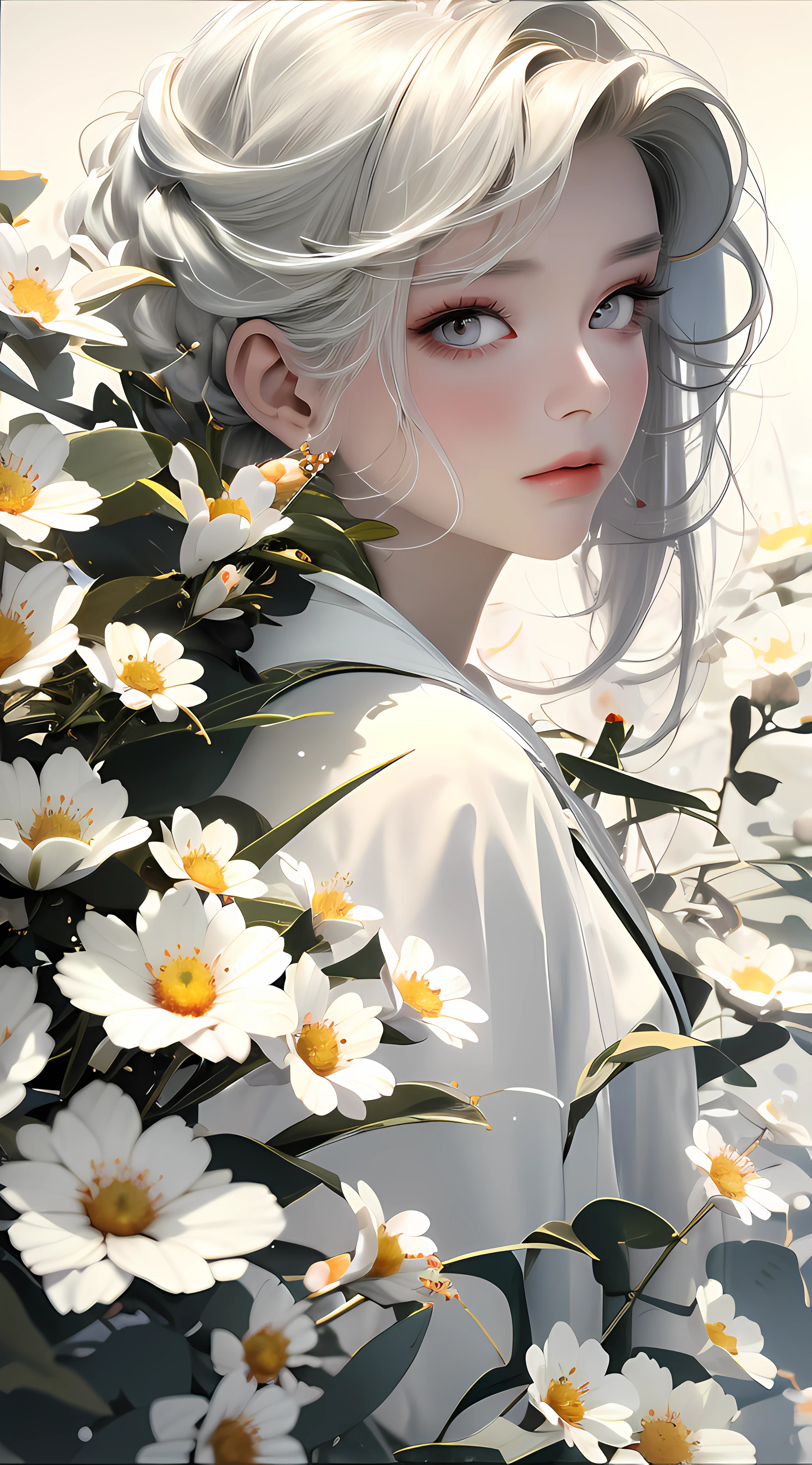 best quality, masterpiece,white hair, gold eyes,white clothes, looking up, upper body,hair strand,Fair skin,side braids