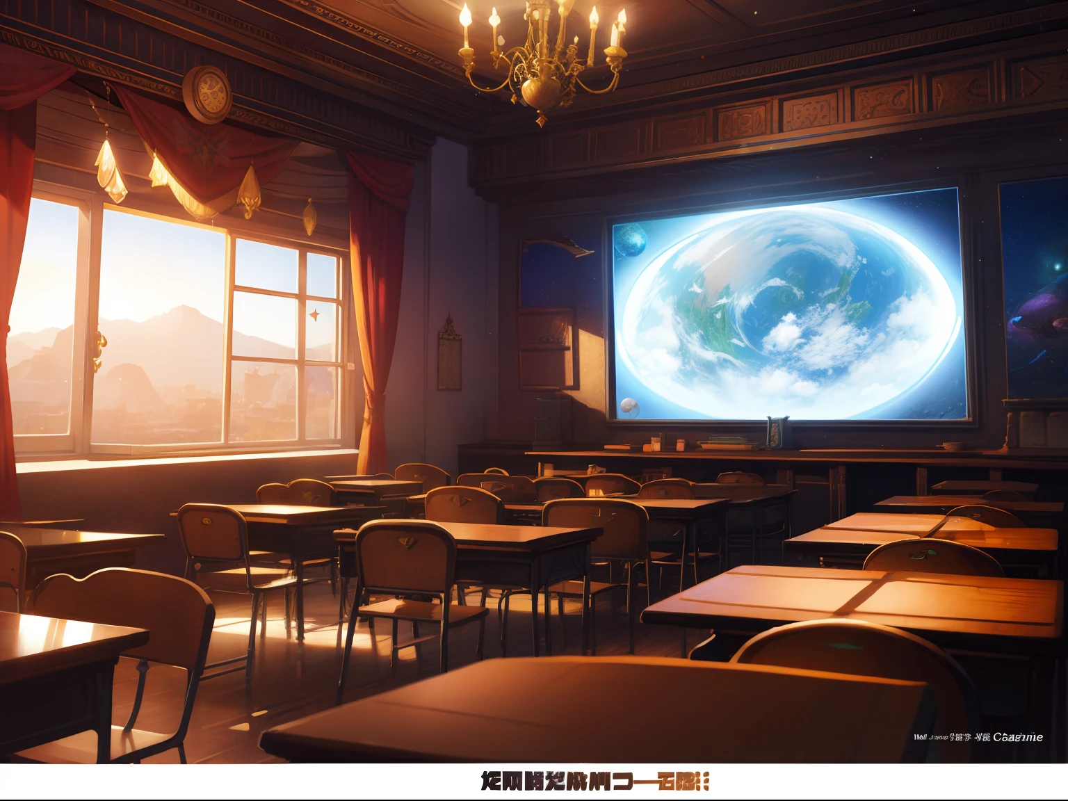 game back ground cg,fantasy ancient classroom,magical school,planet,star,light