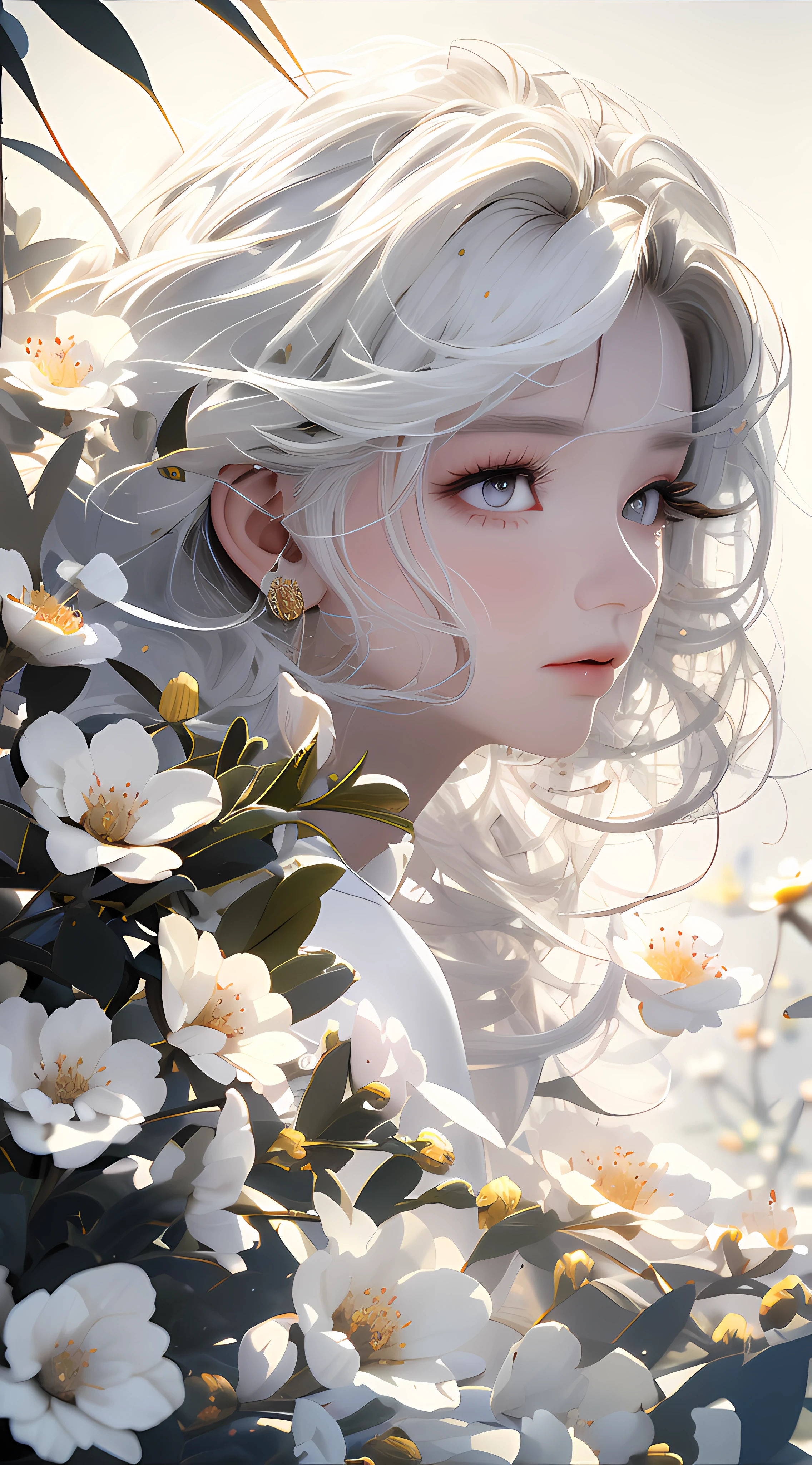 best quality, masterpiece,white hair, gold eyes,white clothes, looking up, upper body,hair strand,Fair skin,side braids