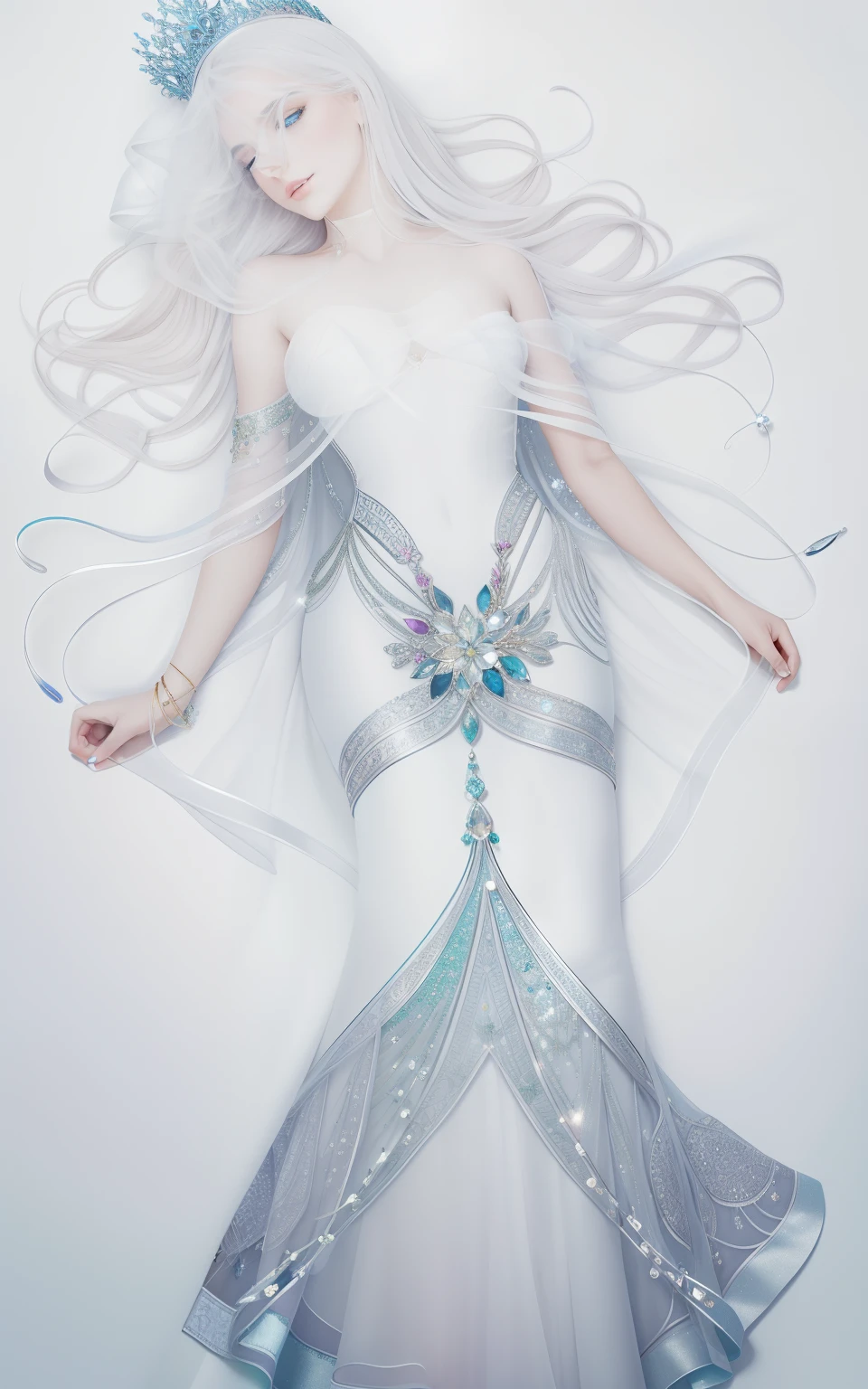 In the void, The beautiful virgin sits leisurely on the ground,The body is entangled with flowers and green leaves,white streamer,Delicate and radiant skin,Barefoot,(Long curved eyebrows),Beautiful eyes sparkle,The large, Jewel-like eyes sparkle,Clear pupils have reflected light,二重まぶた,Lying silkworm,looks into camera,((Plump and rosy lips)) Clearly visible,((Flushed cheeks)),The mandible is plump,Green skin is delicate and smooth,Delicate skin translucent,The streamers on the body are wrapped around the leaves,jewel embellishment,A delicate and dexterous crown,inlaid gemstones,Delicate and skillfully set gemstones,(Yellow dress),Perfectly designed jewelry is exquisite,Beautiful eyes looking directly at the camera,(((nice hand))),((((Good feet))),(((good legs))),realisticlying,white skinned,((Correct body structure)),Golden costume,Blue sky,Head background with round light,Behind him is a colorful rainbow circle,Color glow is turned on,Front lighting,Positive light,No shadows on the face,There are no shadows on the body,Blue sky,Unreal space,ethereal world,dreamworld,with blue sky and white clouds,tmasterpiece,4K,ultra-definition,professional photoshooting,Perspective looks up,Standard lens shooting,