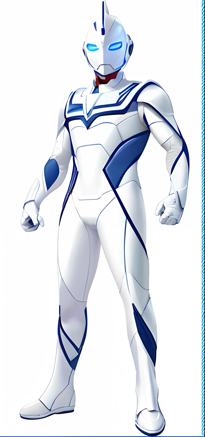 Close-up of a cartoon character in a white suit and blue eyes, streamlined white armor, sleek streamlined white armor, sleek bright white armor, matt white color armor, sleek white armor, Full body suit, white superior iron man, matt white ice color armor, in white futuristic armor, glossy white armor, modern clean white armor