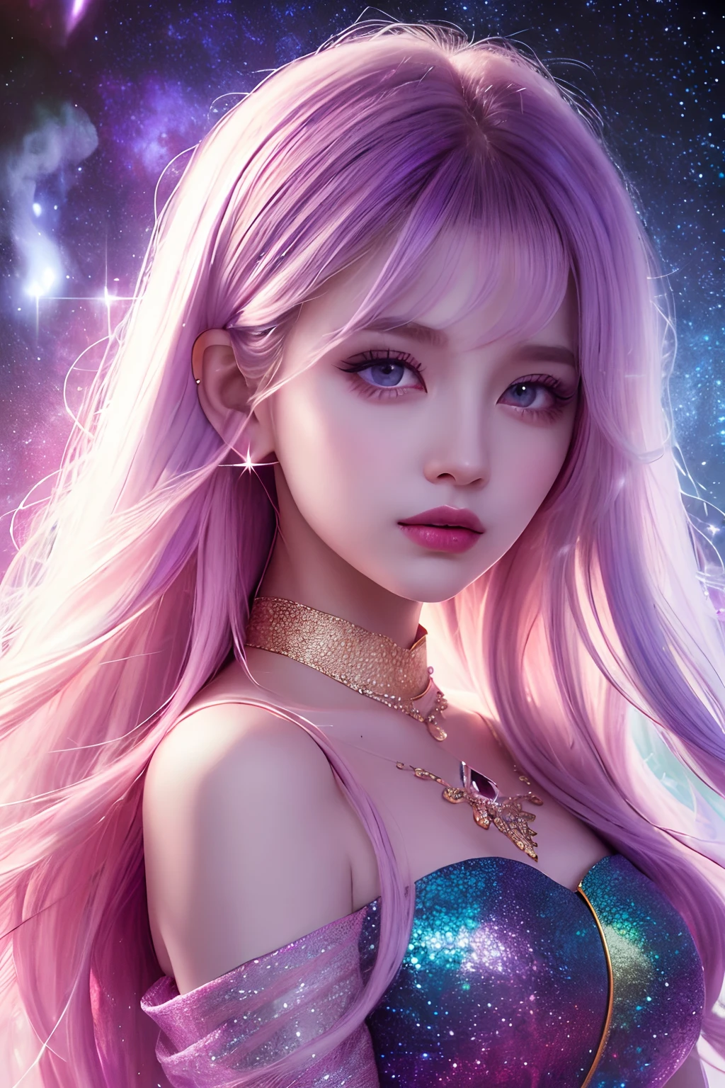 Background: Mystical and quantum setting, Elements of the universe and、An ethereal atmosphere where bright lights and colorful nebulae mingle. theme: Mysterious girl with a magical aura. She has long, brightly colored wavy hair, Highlighted with a glossy lock. His eyes are deep and expressive, Reflecting the universe. She wears a flowing dress in purple and blue shades, With intricate details and mysterious textures. color palettes: Combinations of mystical tones such as cosmic purple, Sky Blue, Soft pink and gold touch. To create a contrast, deep, dark color, dark purple or night blue, etc.. aesthetics: Aesthetics combines elements of Mistycore, Mysterious and ethereal atmosphere, and Crystal Core, With its crystals and glittering details. The girl exudes magical energy、Her presence envelops、Captivating. Overlay: Keep the overlay around the girls with subtle glow effects and sparkling lights, Overlay: Add a soft glow effect around the girl and crystal, As if emitting a magical aura. pure, Add details of twinkling lights、Enhances the ethereal atmosphere.